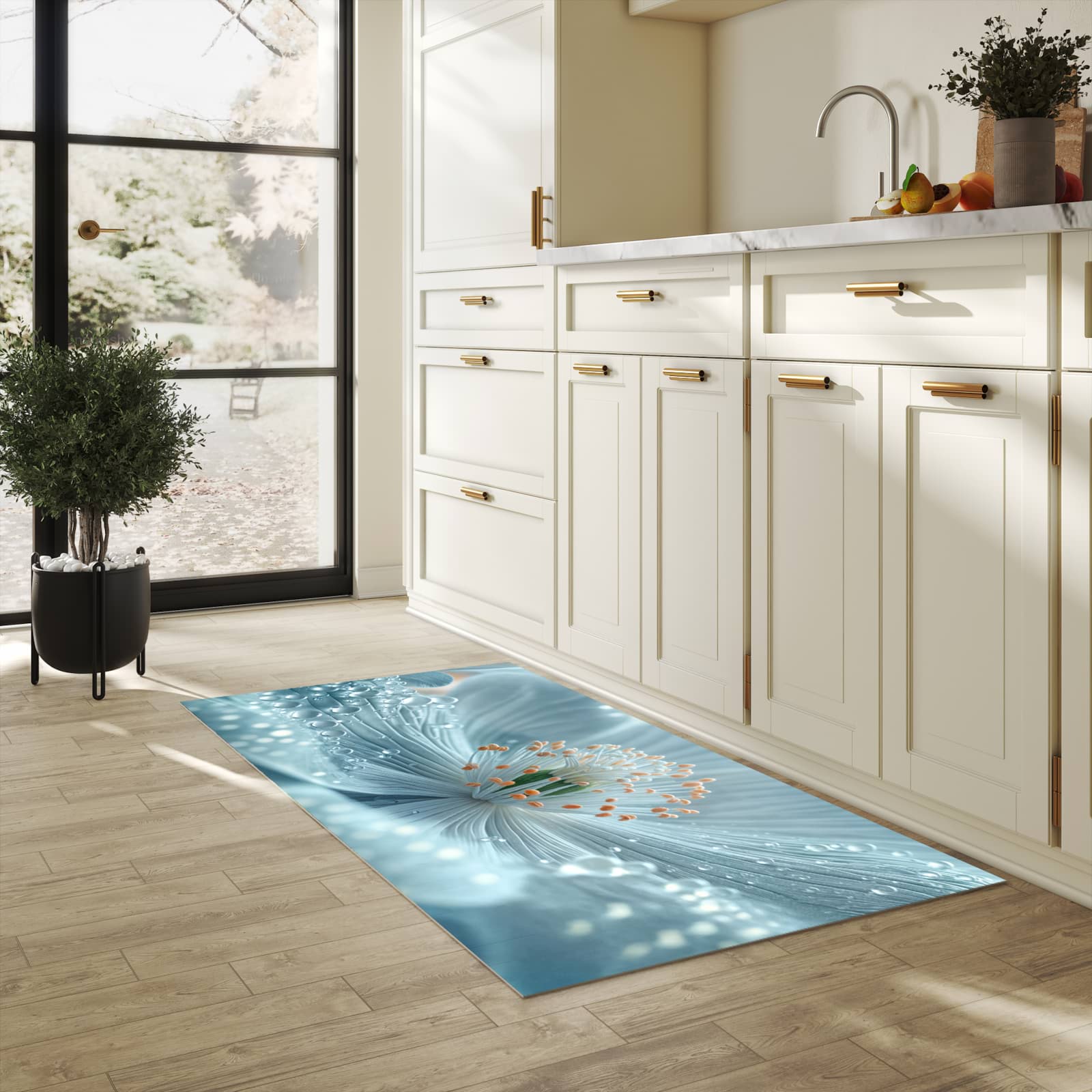 Pflegeleichter Küchenteppich mit Motiv Verträumte Blumenpracht in heller Küche