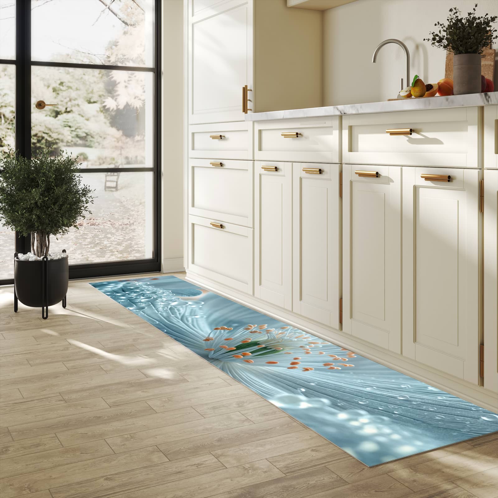 Geruchsneutraler Küchenläufer nach Maß mit Motiv Verträumte Blumenpracht in heller Küche