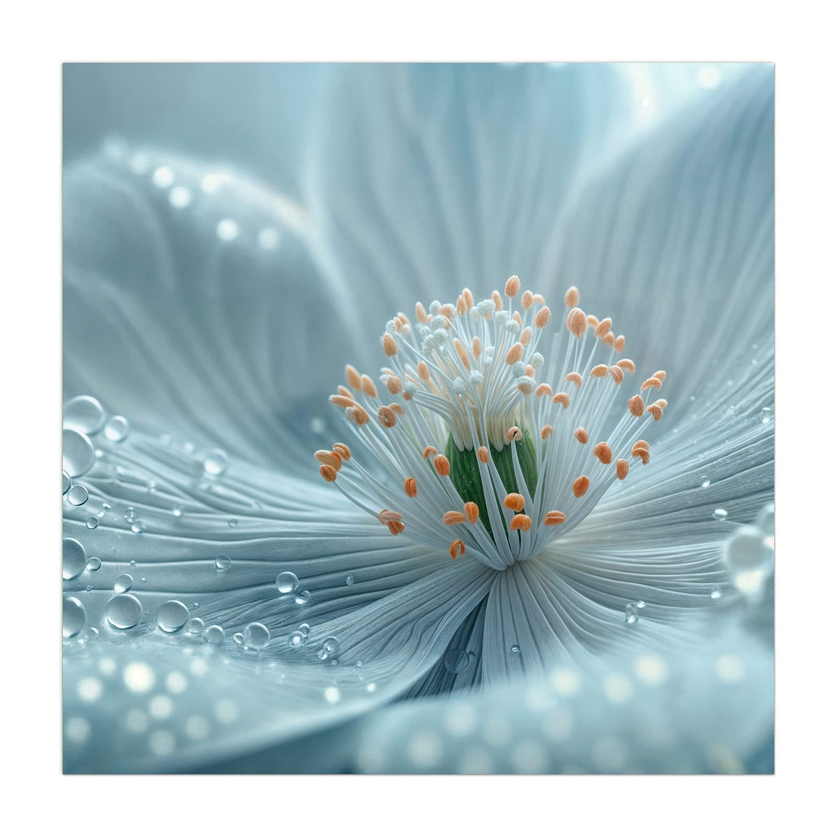 Makro einer eisblauen Blüte mit weißen Staubfäden, orangen Spitzen und Wassertropfen