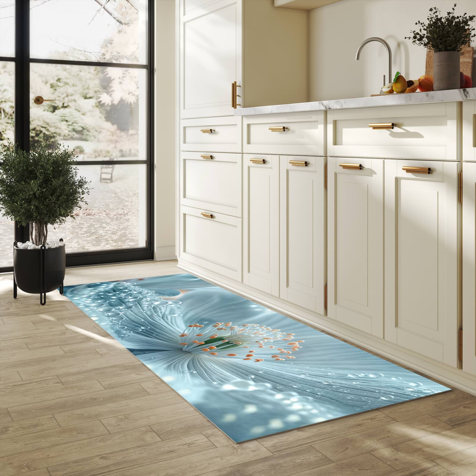 Küchenteppich mit Motiv Verträumte Blumenpracht für angenehme Haptik in heller Küche