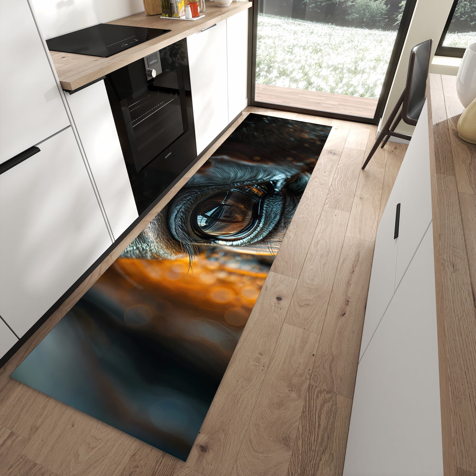 Schmutzabweisender Küchenläufer mit Motiv Pferdeauge in moderner Küche