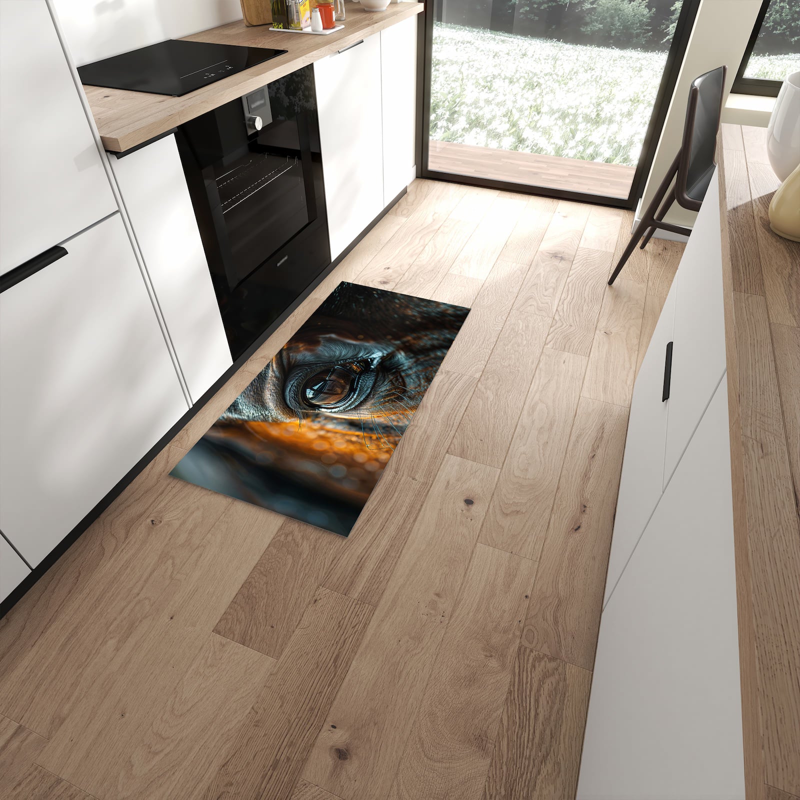 Formstabiler rutschfester Küchenläufer mit Motiv Pferdeauge in moderner Küche #grösse_60 x 120 cm