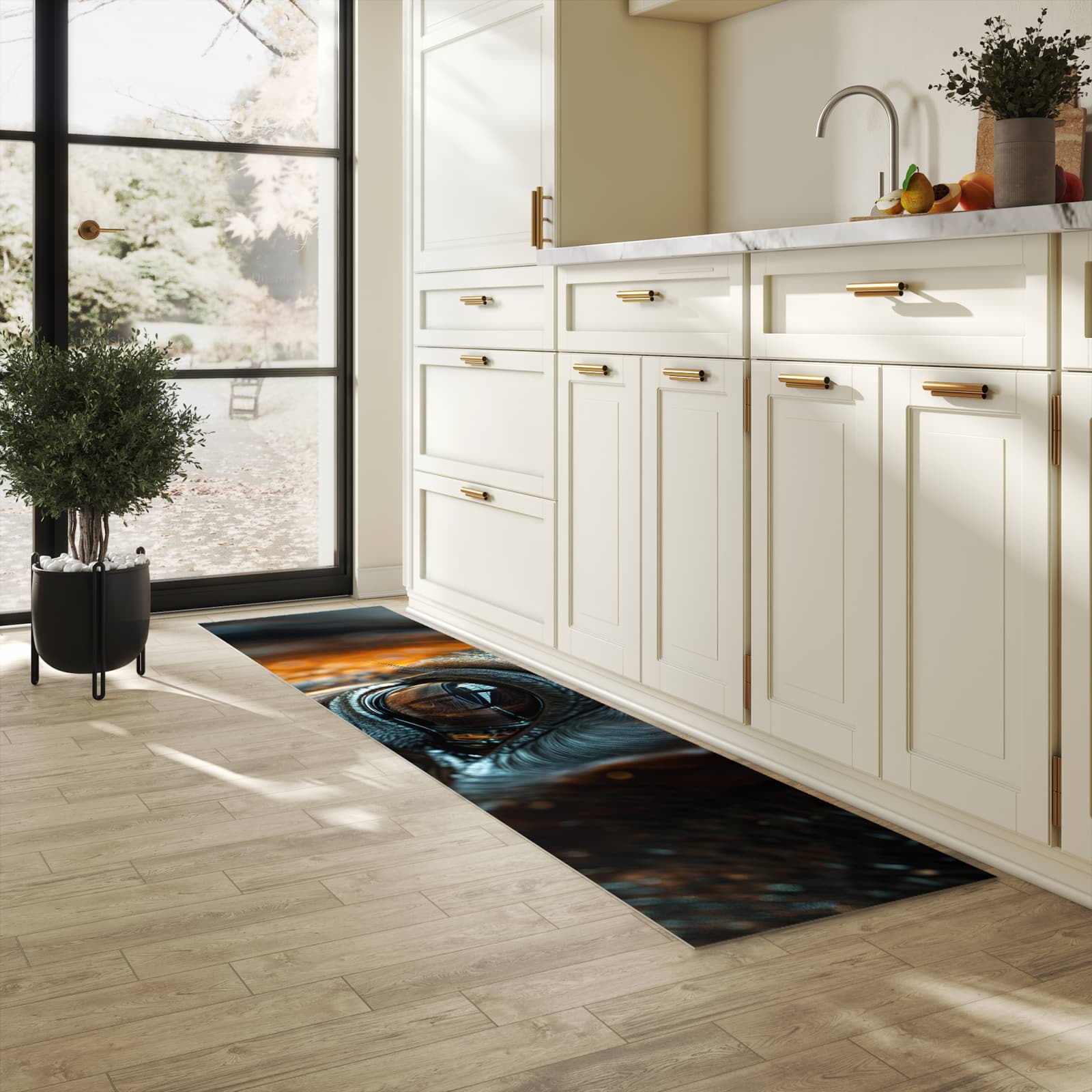 Waschbarer Küchenteppich mit Motiv Pferdeauge in heller Küche schont den Boden