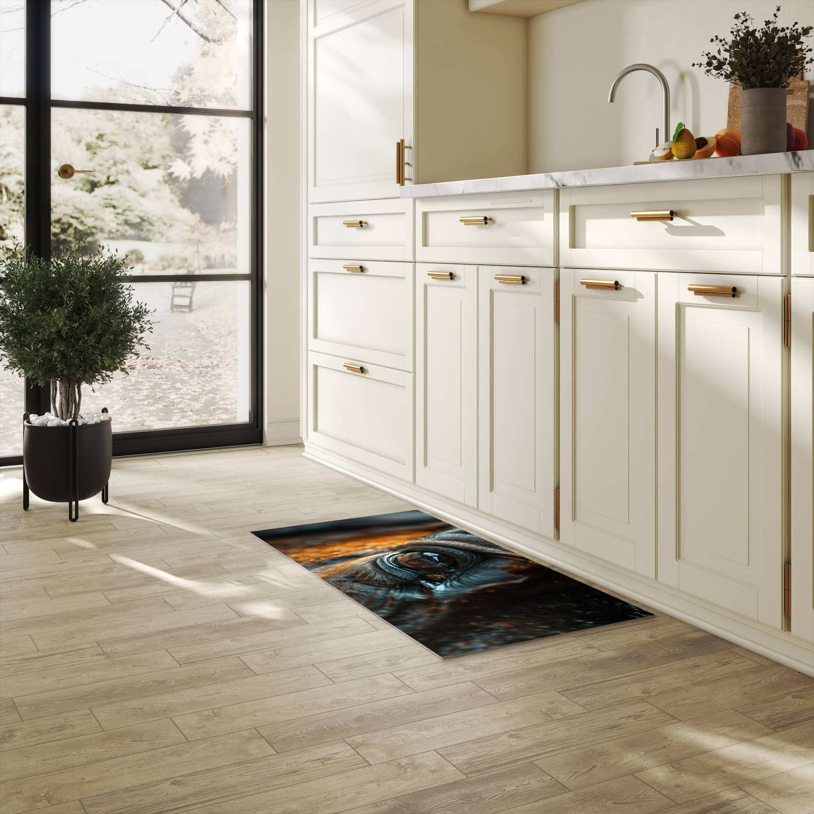 Waschbarer Küchenteppich mit Motiv Pferdeauge in heller Küche