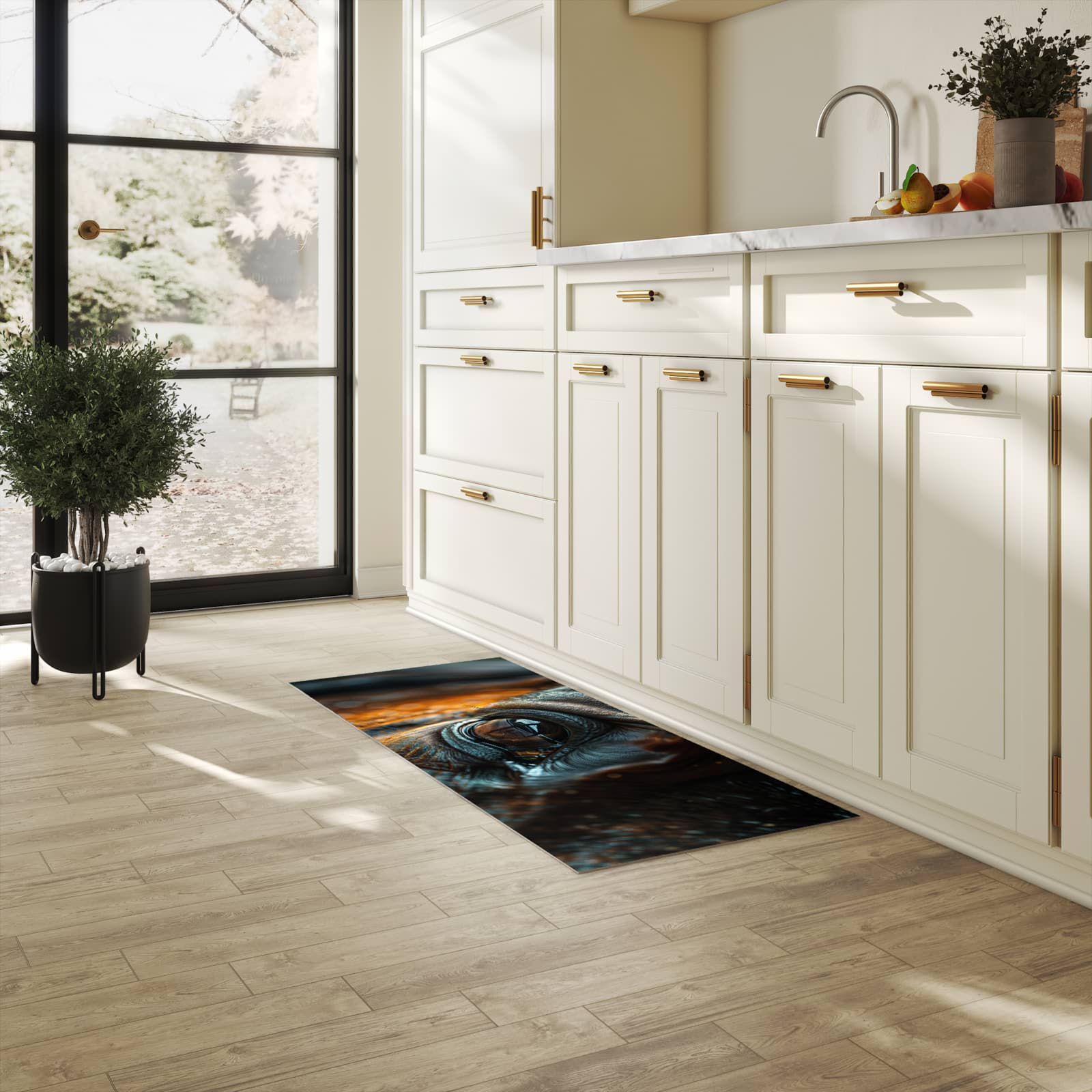 Langlebiger Küchenläufer mit Motiv Pferdeauge in heller Küche