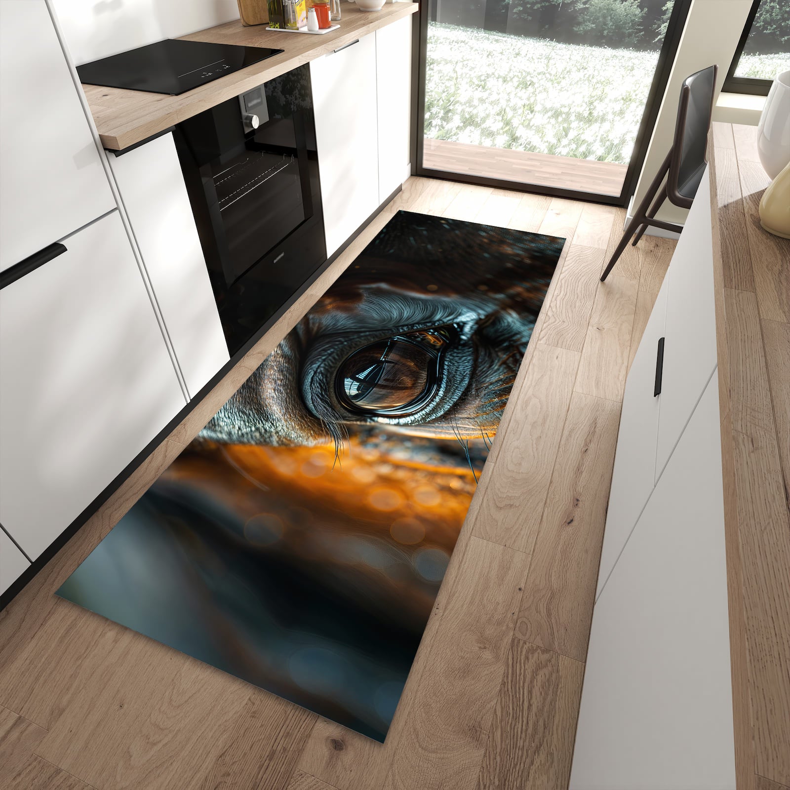 Flacher Küchenteppich mit Motiv Pferdeauge in moderner Küche