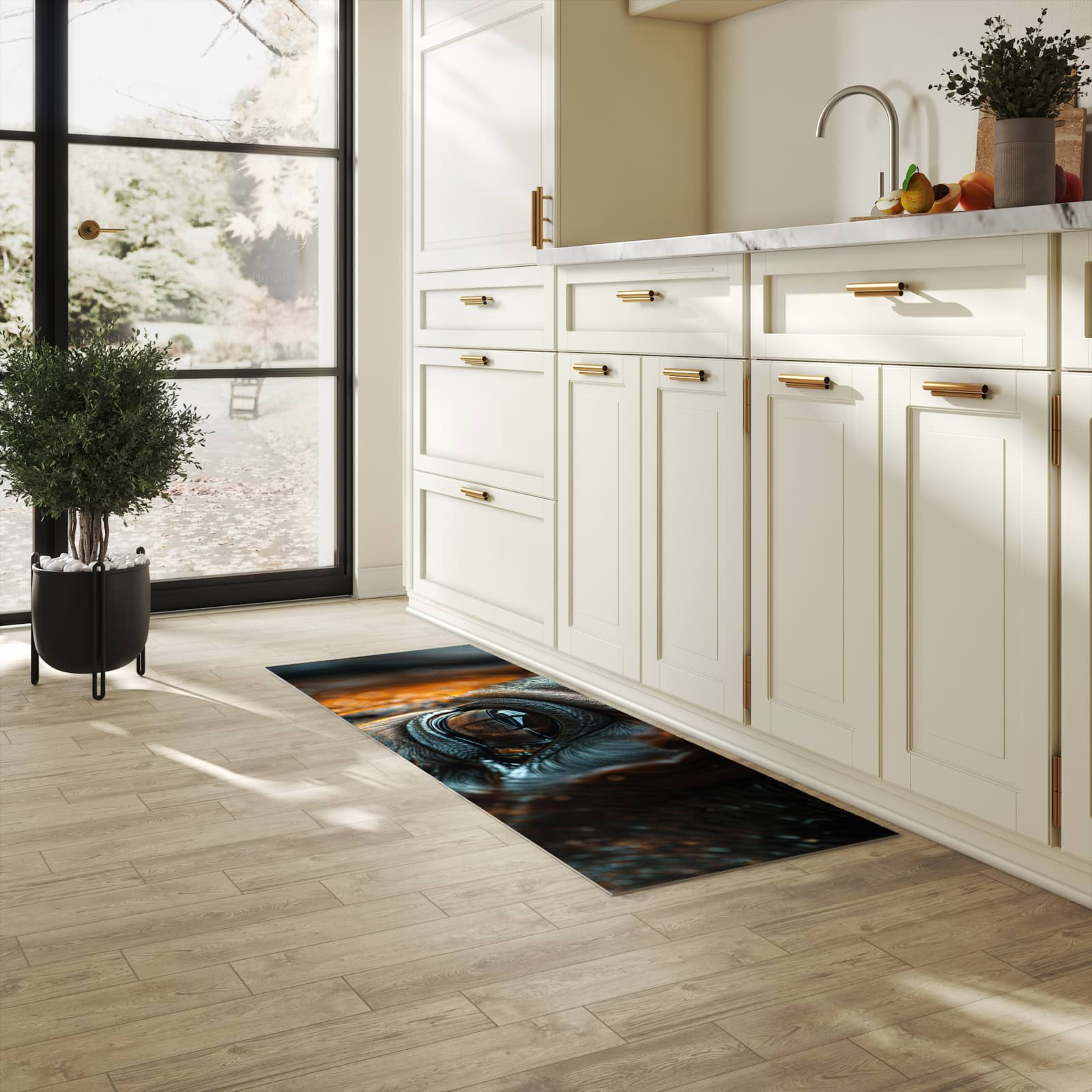 Rutschfester Küchenteppich mit Motiv Pferdeauge in heller Küche