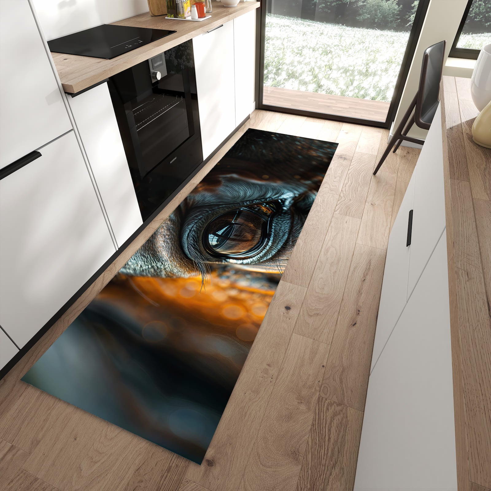 Fleckenresistenter abwaschbarer Küchenteppich mit Motiv Pferdeauge in moderner Küche