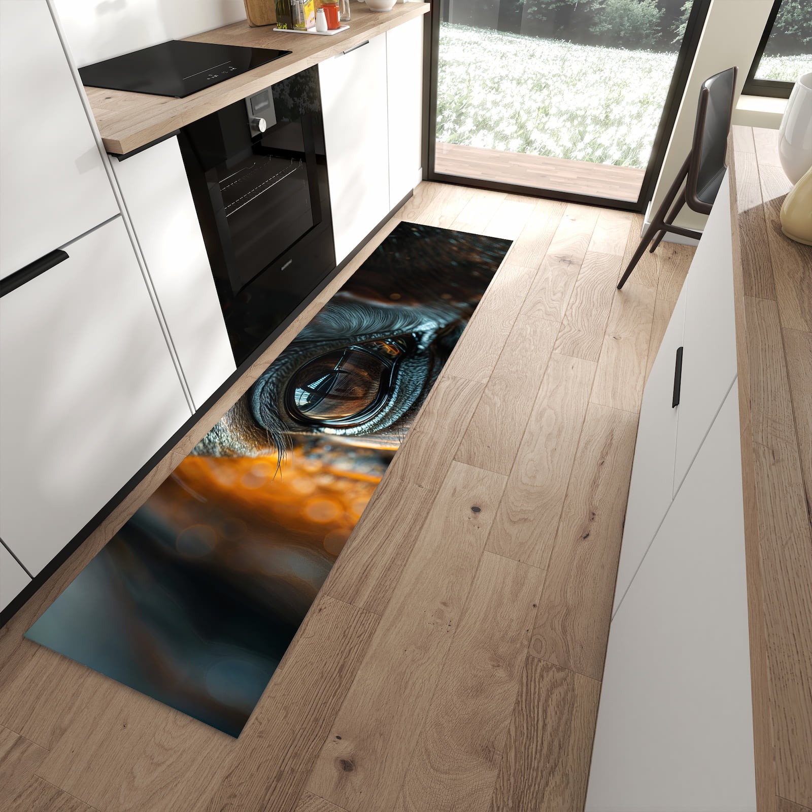 Geräuschdämpfender Küchenläufer mit Motiv Pferdeauge in moderner Küche