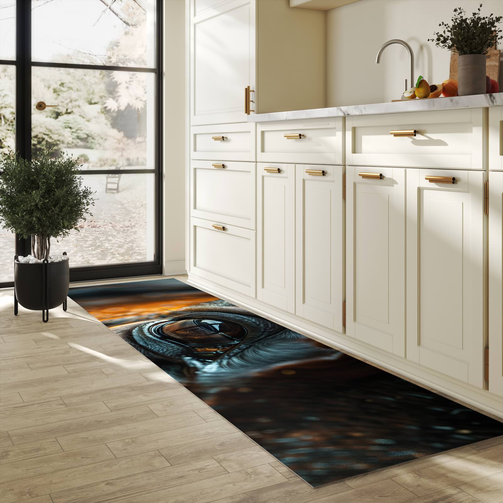 Zeitsparender Küchenläufer mit Motiv Pferdeauge in heller Küche