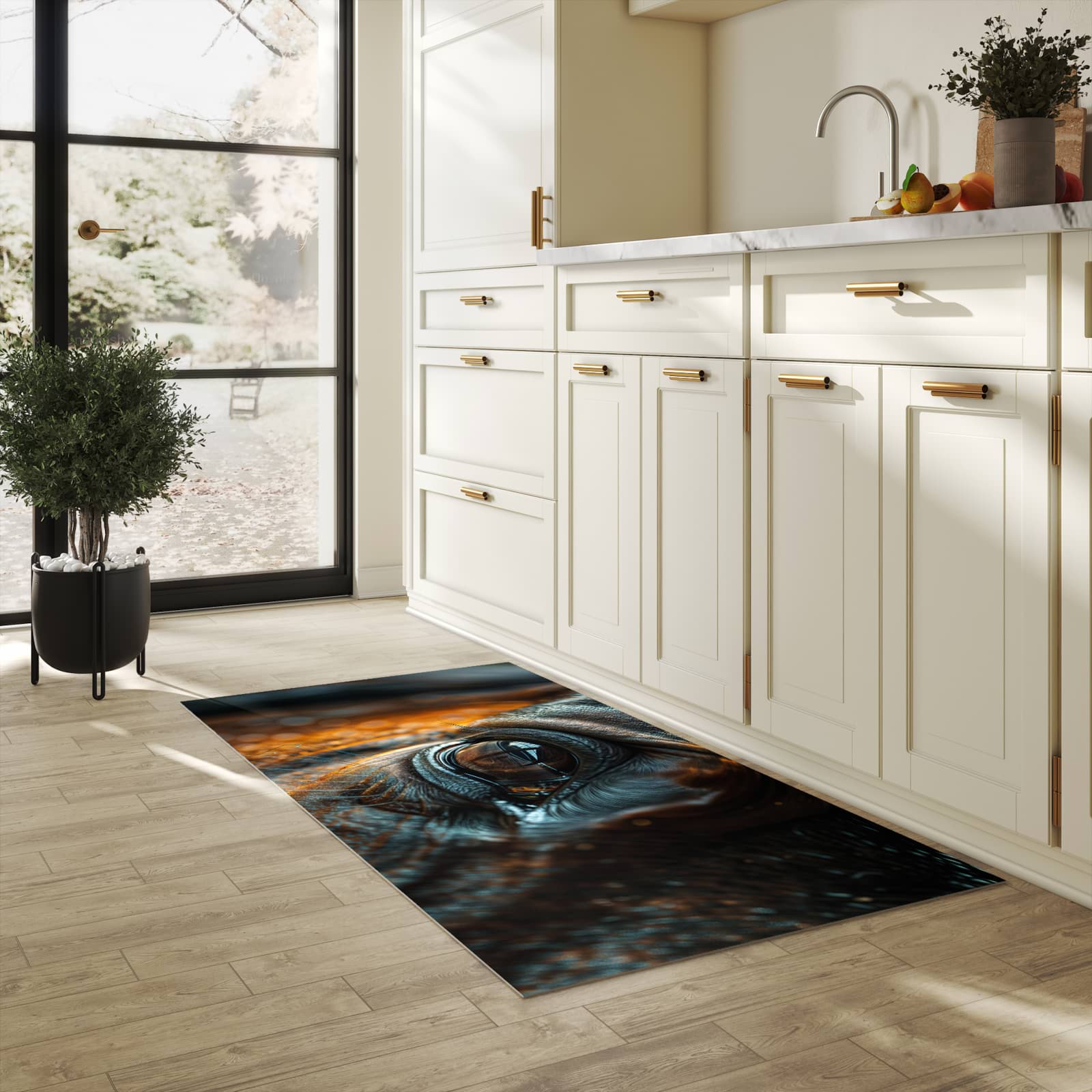 Geräuschdämpfender waschbarer Küchenläufer mit Motiv Pferdeauge in heller Küche