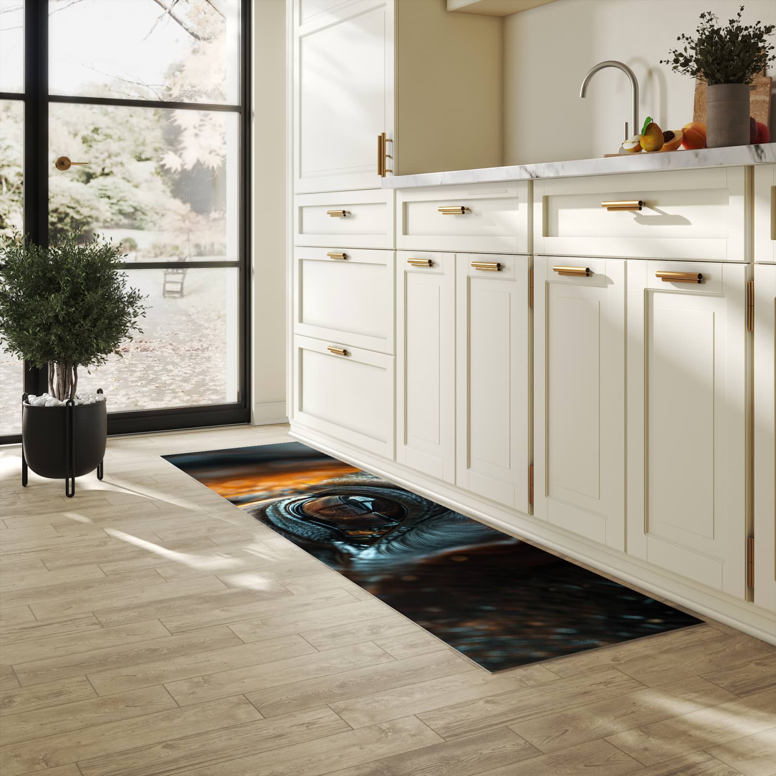 Feuchtigkeitsresistenter Küchenteppich mit Motiv Pferdeauge in heller Küche