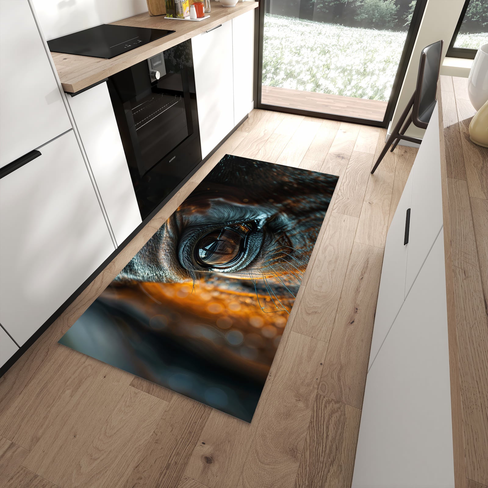Langlebiger Küchenteppich mit Motiv Pferdeauge in moderner Küche