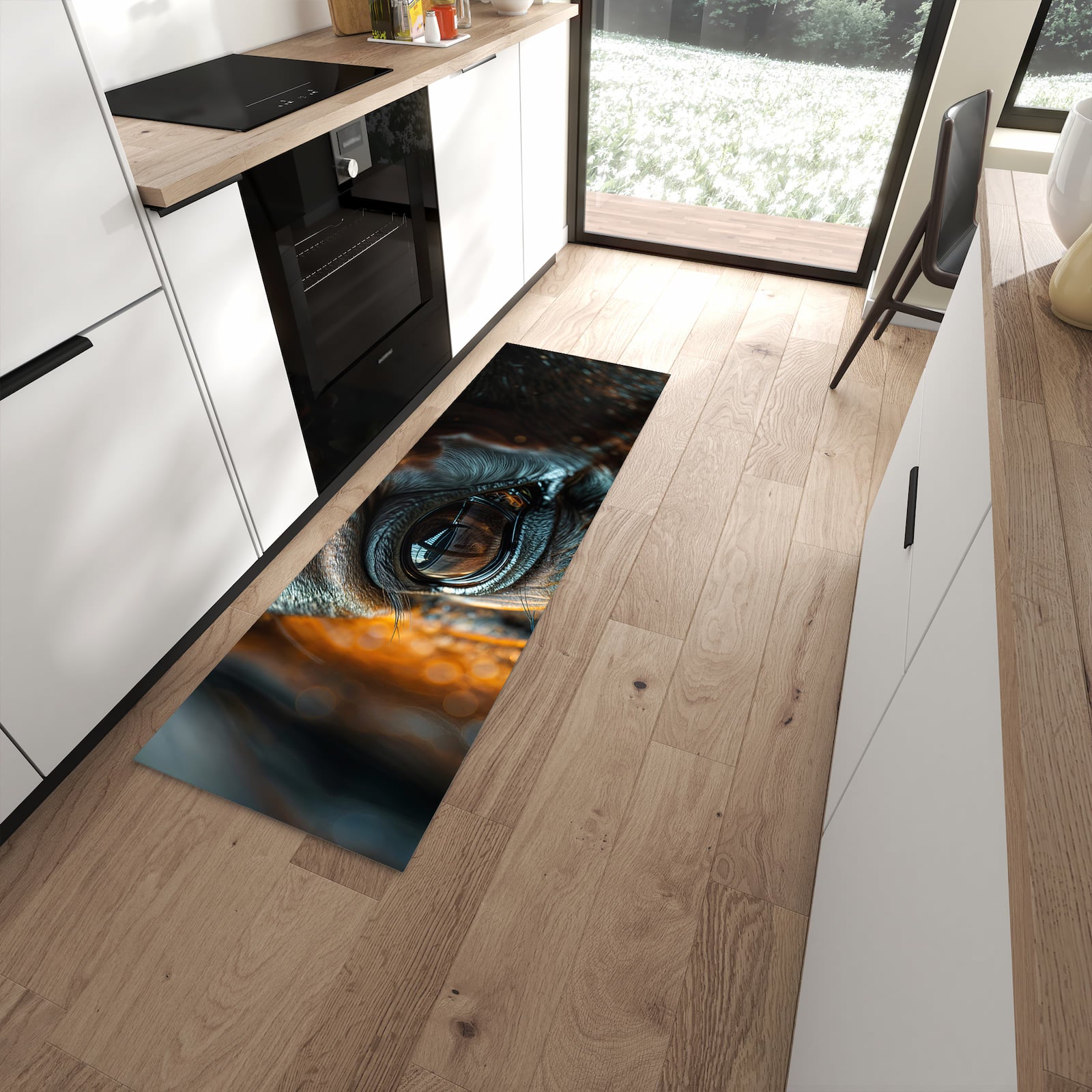 Zeitsparender rutschfester Küchenläufer mit Motiv Pferdeauge in moderner Küche