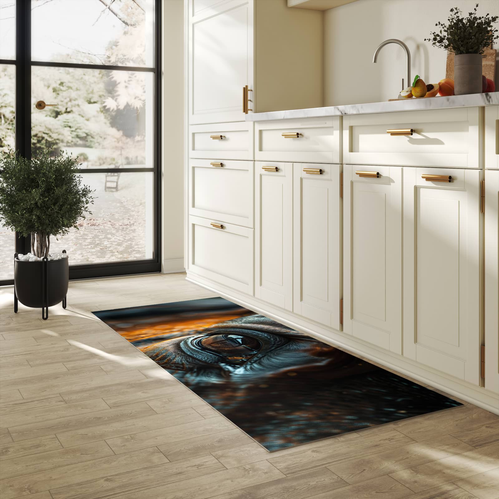 Farbbeständiger rutschfester Küchenteppich mit Motiv Pferdeauge in heller Küche