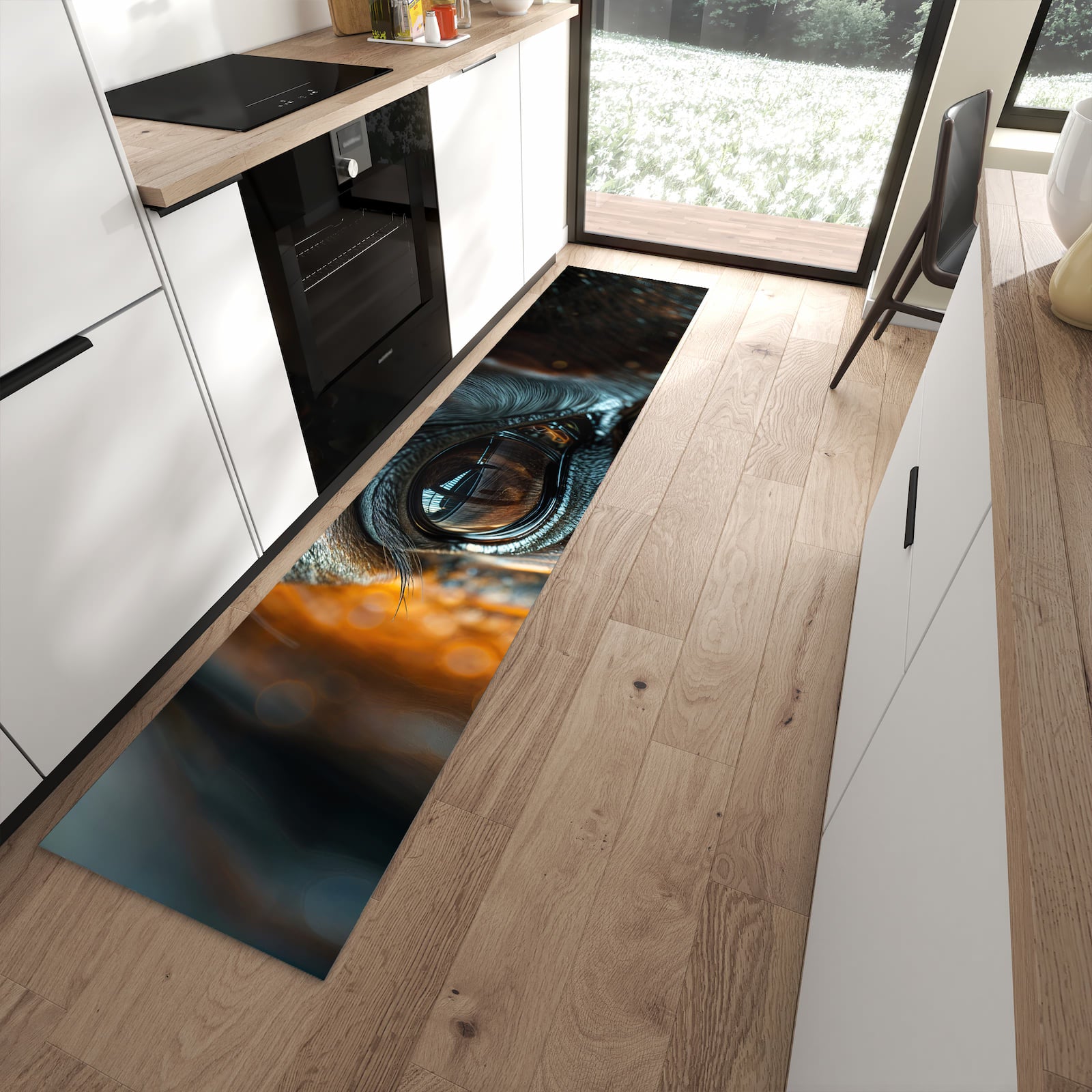 Abriebfester Küchenläufer nach Maß mit Motiv Pferdeauge in moderner Küche