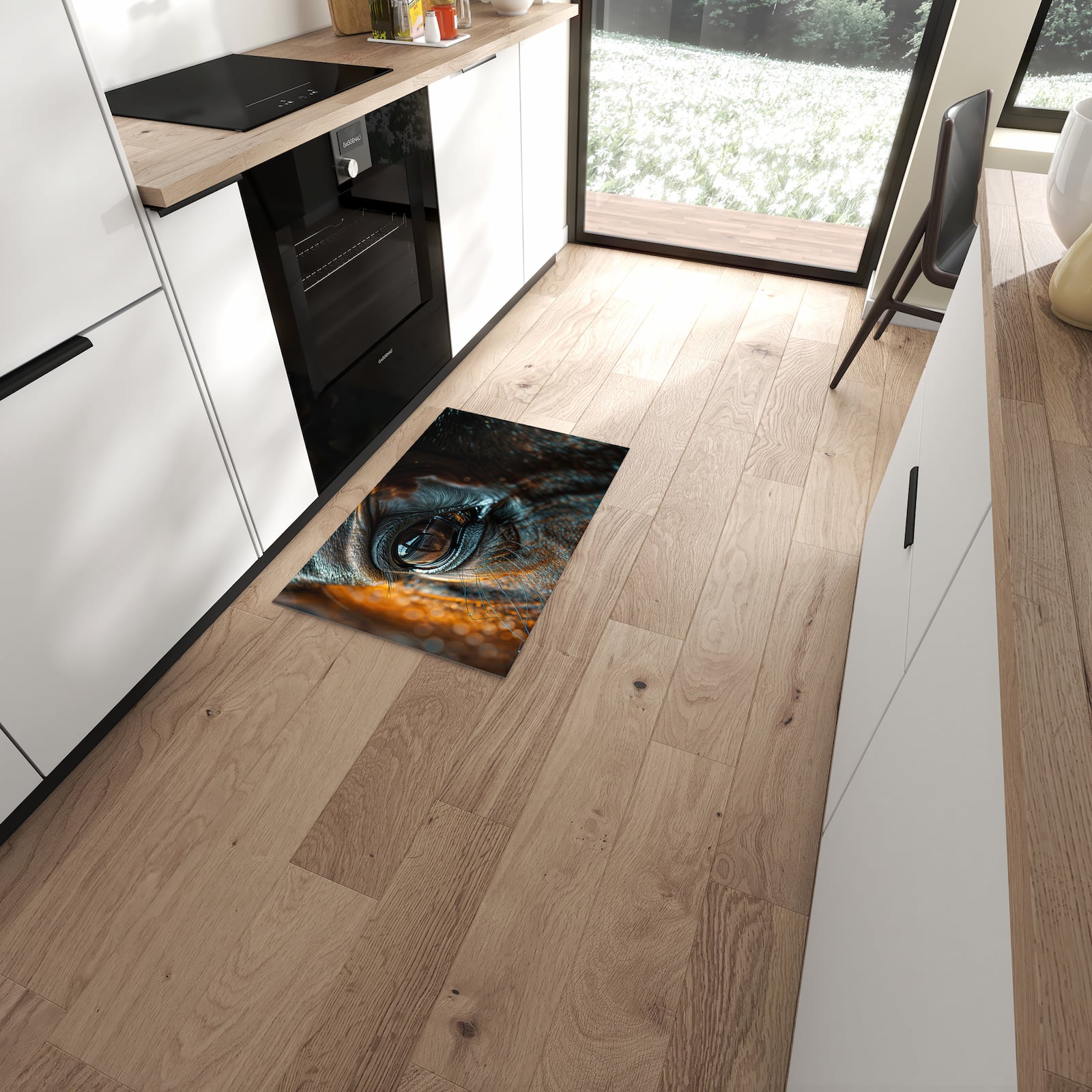 Komfortabler Küchenläufer mit Motiv Pferdeauge in moderner Küche