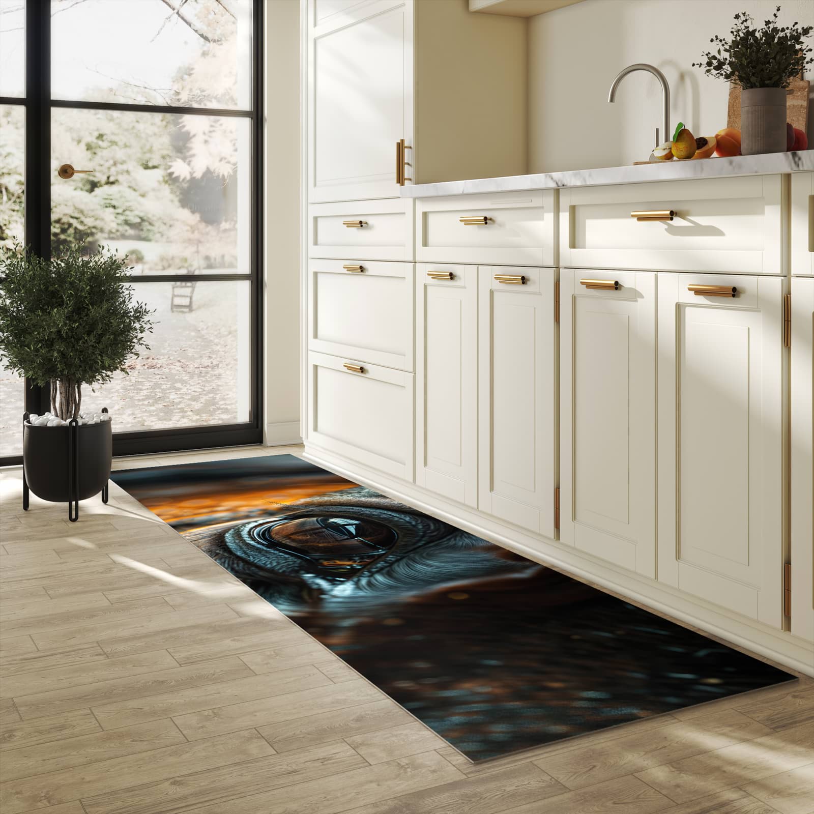 Küchenteppich mit Motiv Pferdeauge in heller Küche für sichere Aufbewahrung