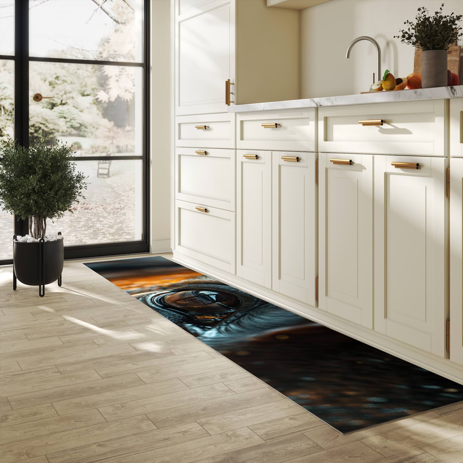 Waschbarer Küchenteppich mit Motiv Pferdeauge für Ordnung in heller Küche