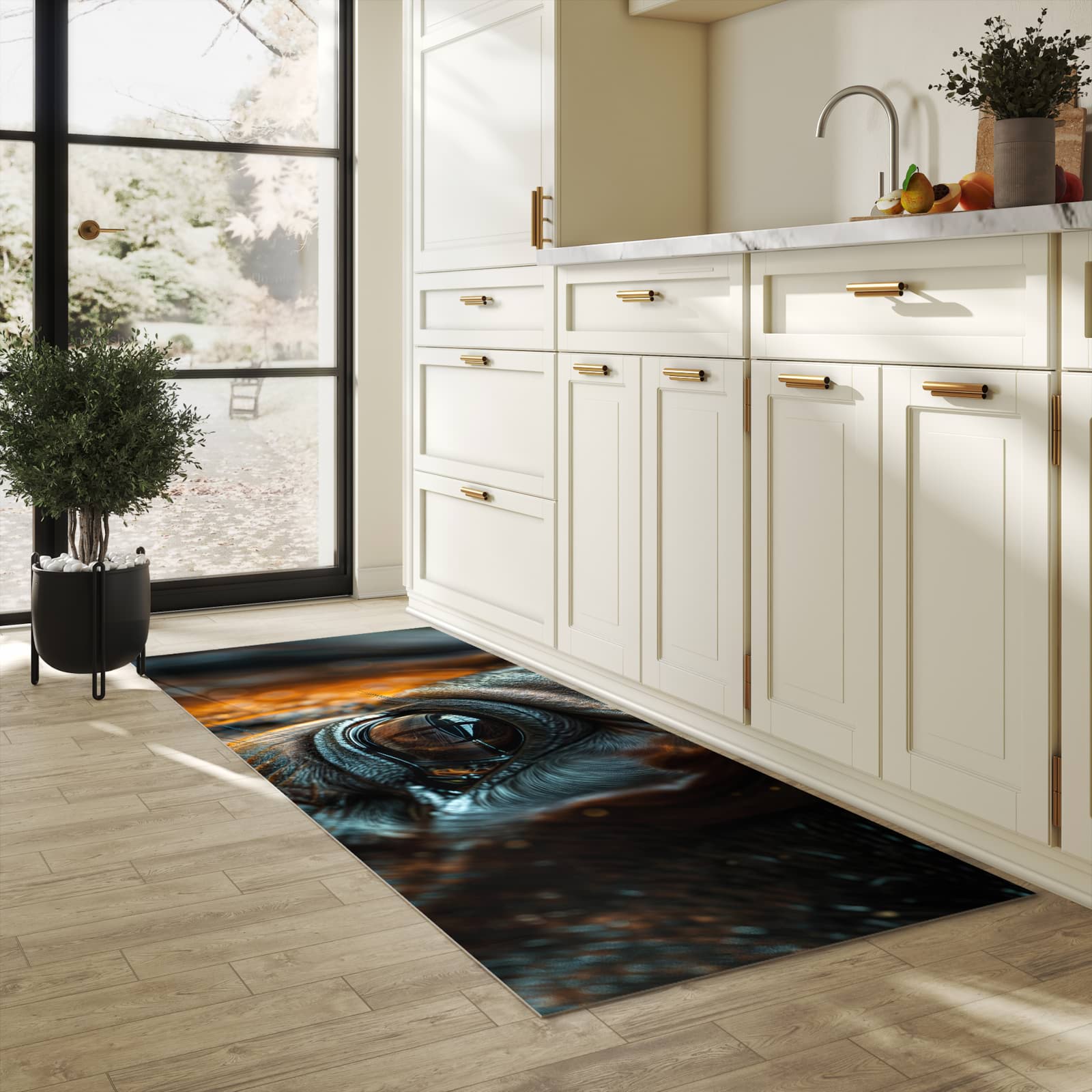 Abriebfester rutschfester Küchenläufer mit Motiv Pferdeauge in heller Küche