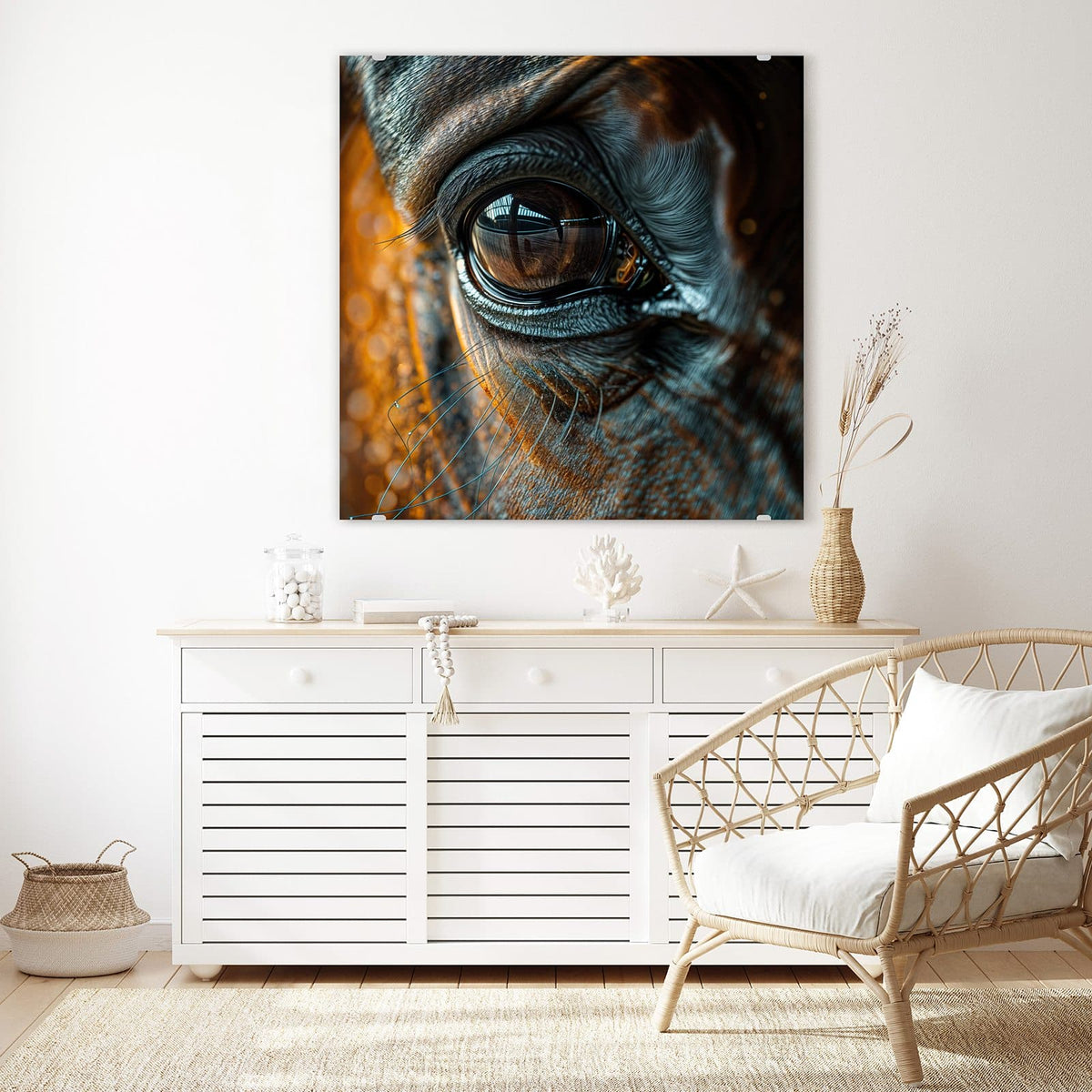 Glasbild Pferdeauge im Goldlicht an der Wand – Nahaufnahme eines Pferdeauges, warmes goldenes Streiflicht auf Fell und Wimpern