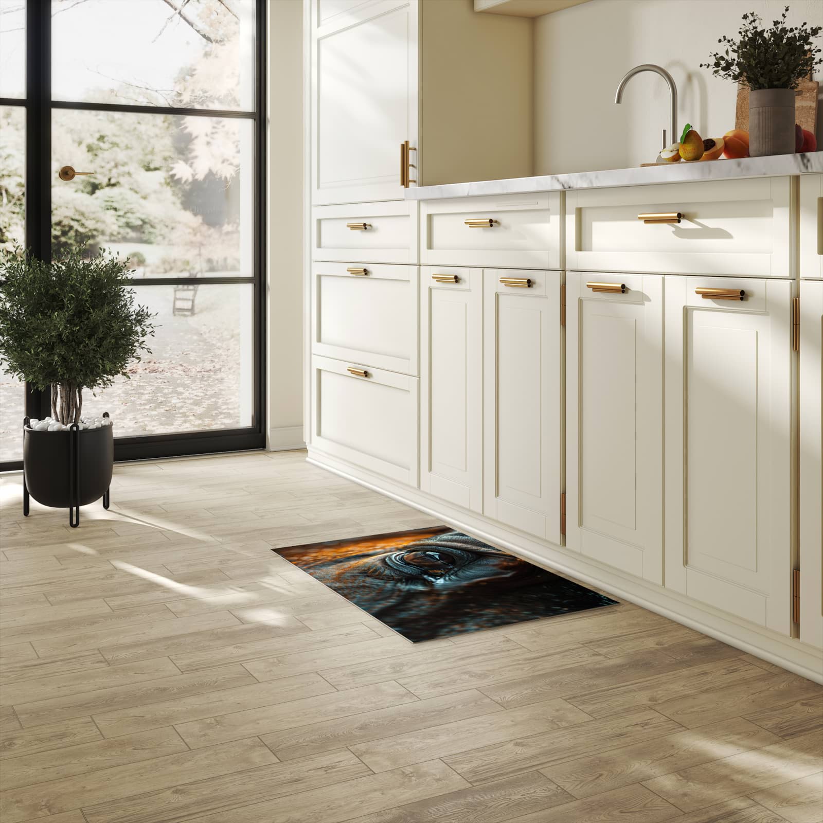 Bodenschonender großer Küchenteppich mit Motiv Pferdeauge in heller Küche