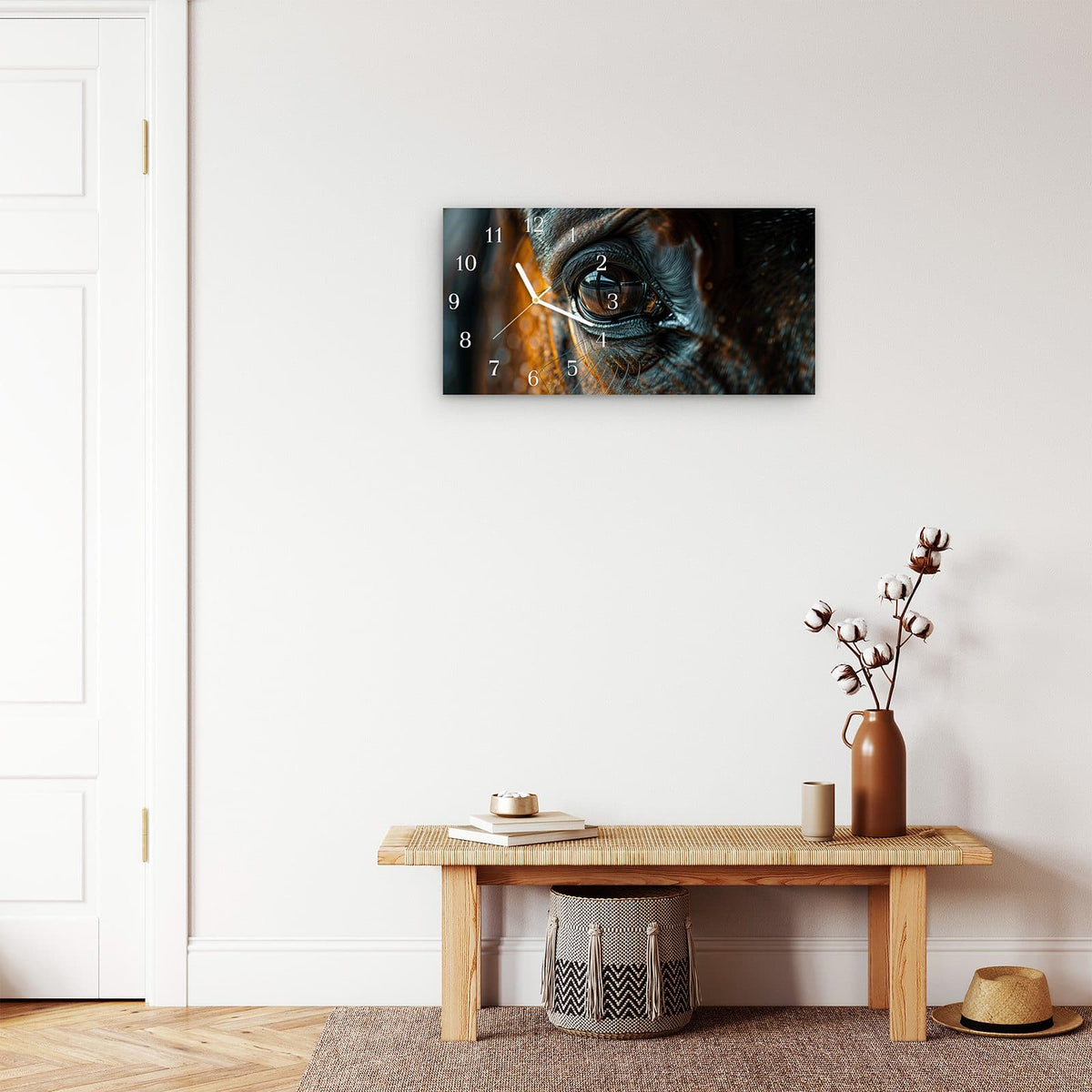 Moderne Wanduhr aus Glas mit Farbtiefe – Wanduhr Pferdeauge aus Glas – Querformat 60 × 30 cm