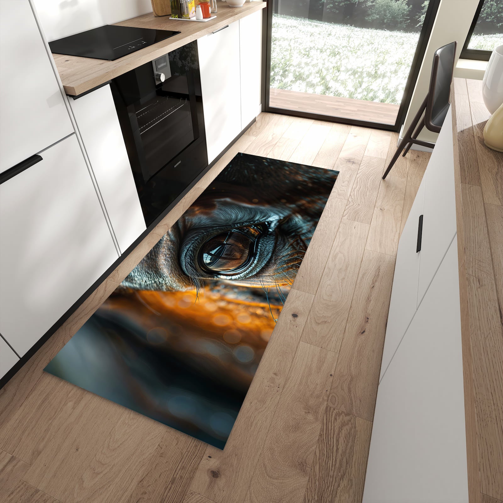 Wasserabweisender Küchenläufer mit Motiv Pferdeauge in moderner Küche