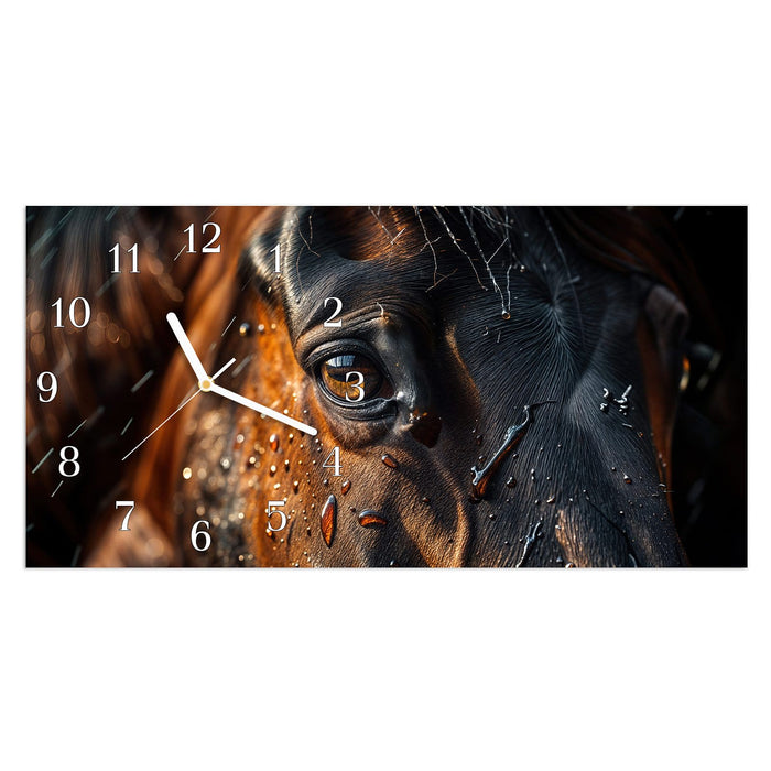 Wanduhr Pferdeauge im Regen aus Glas – Querformat 60 × 30 cm mit Ziffernblatt Klassisch