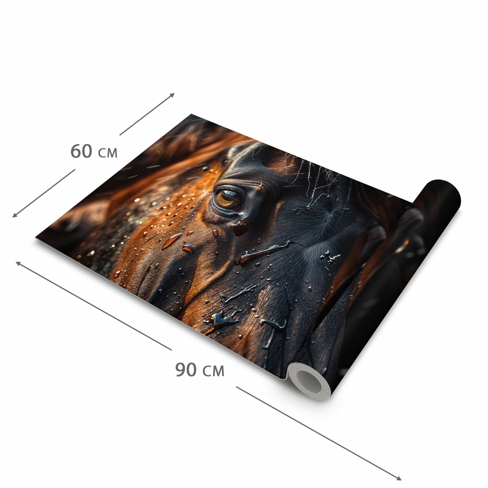 Bodenschonender waschbarer Teppich fürs Esszimmer mit Motiv Pferdeauge im Regen in der Grösse 60x150 cm