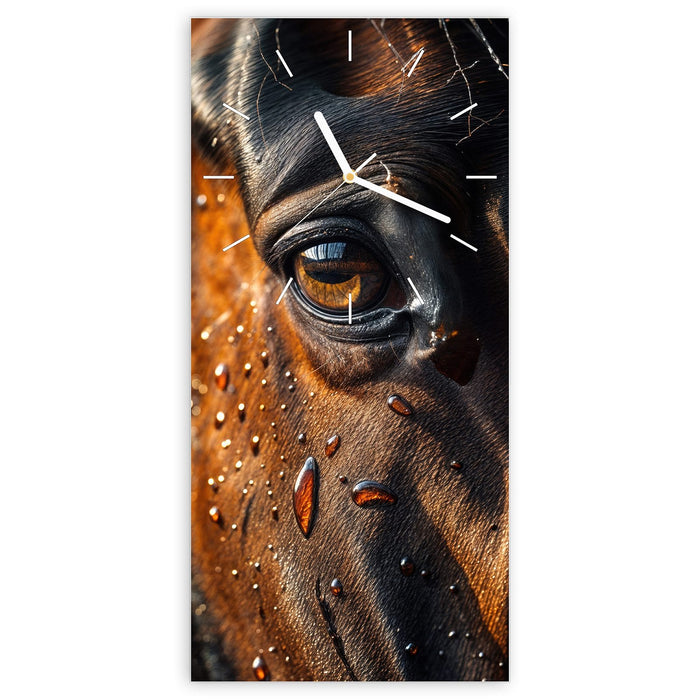 Wanduhr Pferdeauge im Regen aus Glas – Hochformat 30 × 60 cm mit Ziffernblatt Linie