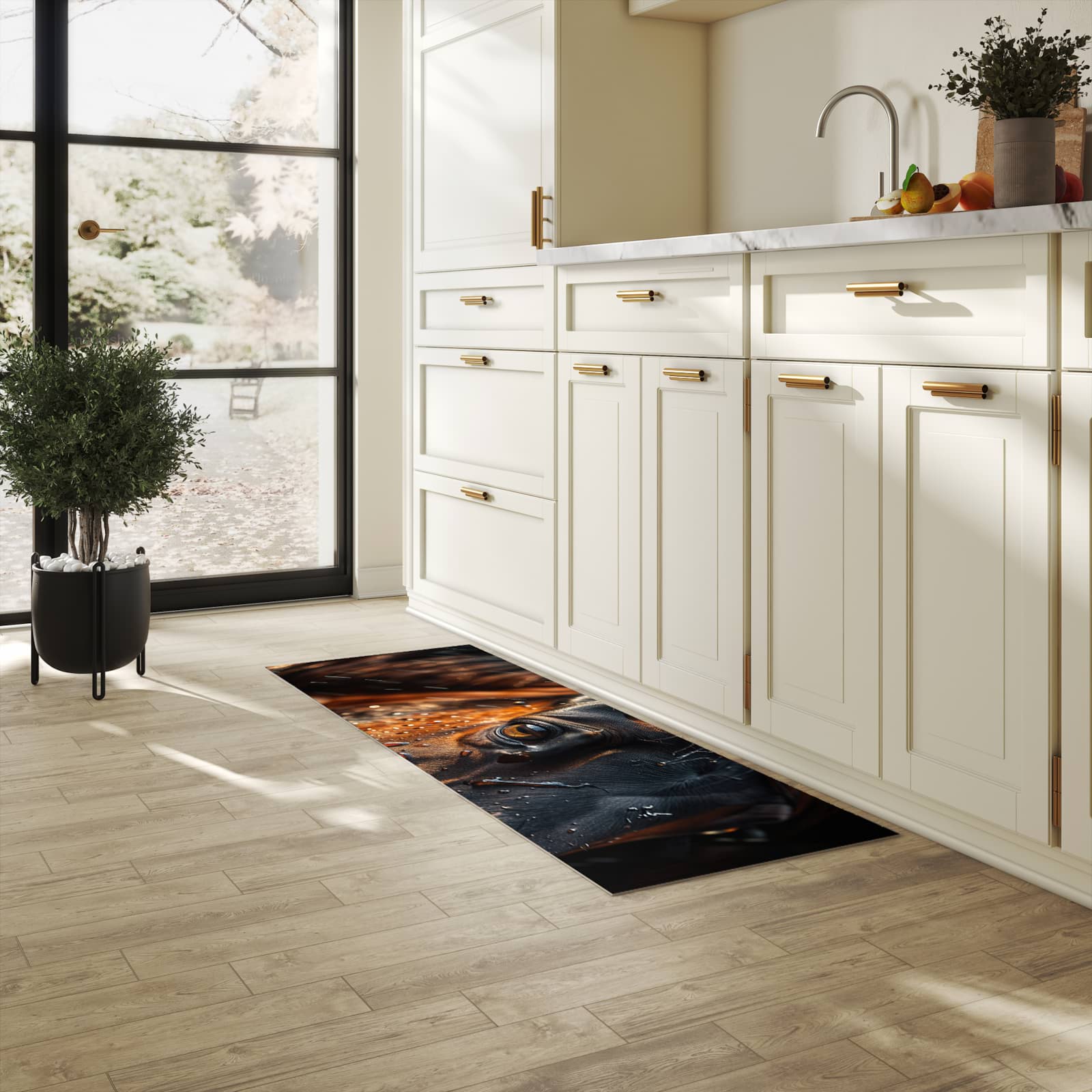 Schmutzabweisender Läufer mit Motiv Pferdeauge im Regen für Eingangsbereich in heller Küche