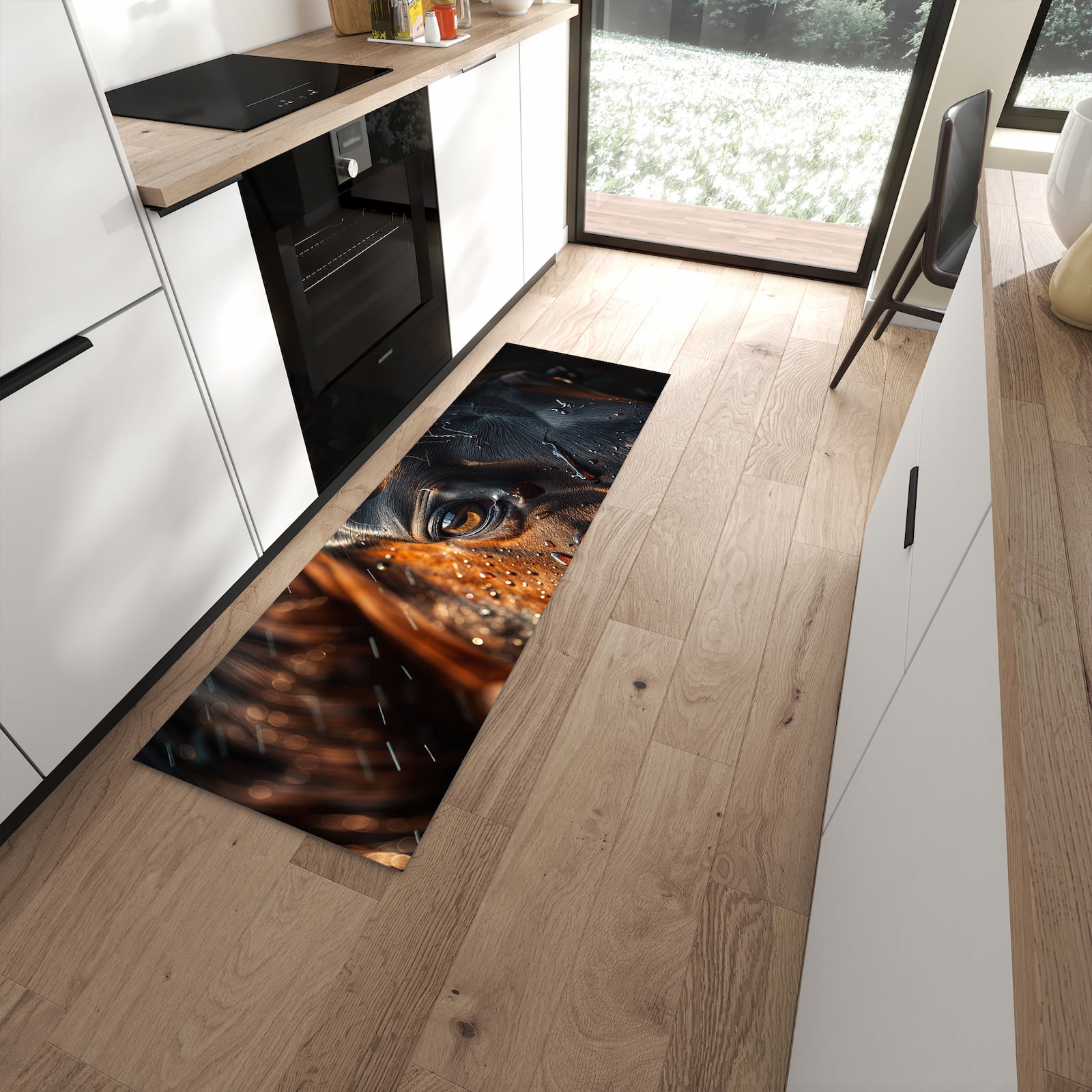 Küchenteppich mit Motiv Pferdeauge im Regen für angenehme Haptik in moderner Küche
