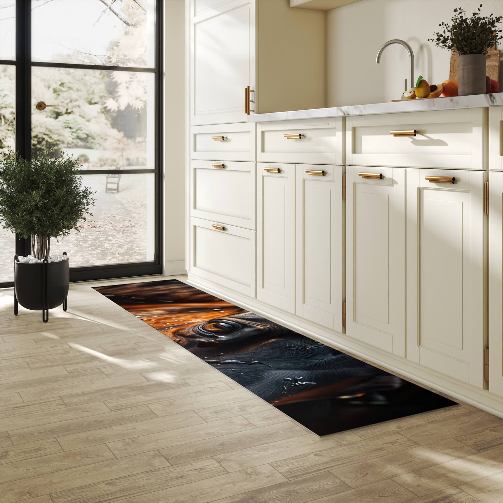 Langlebiger dünner Küchenteppich mit Motiv Pferdeauge im Regen in heller Küche