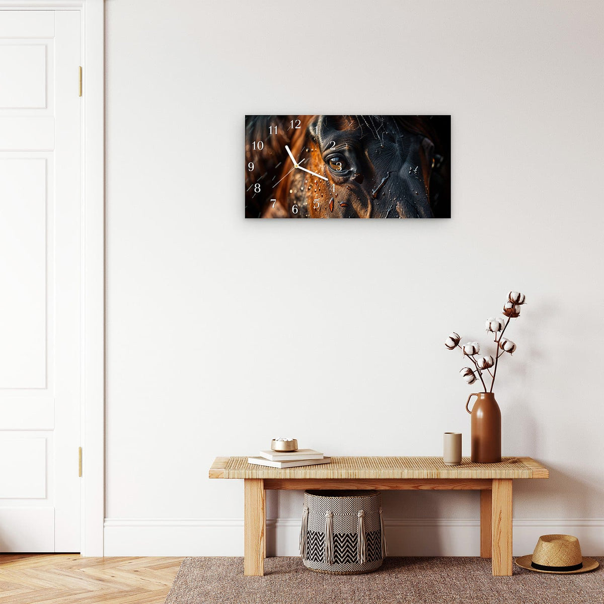 Moderne Wanduhr aus Glas mit Farbtiefe – Wanduhr Pferdeauge im Regen aus Glas – Querformat 60 × 30 cm