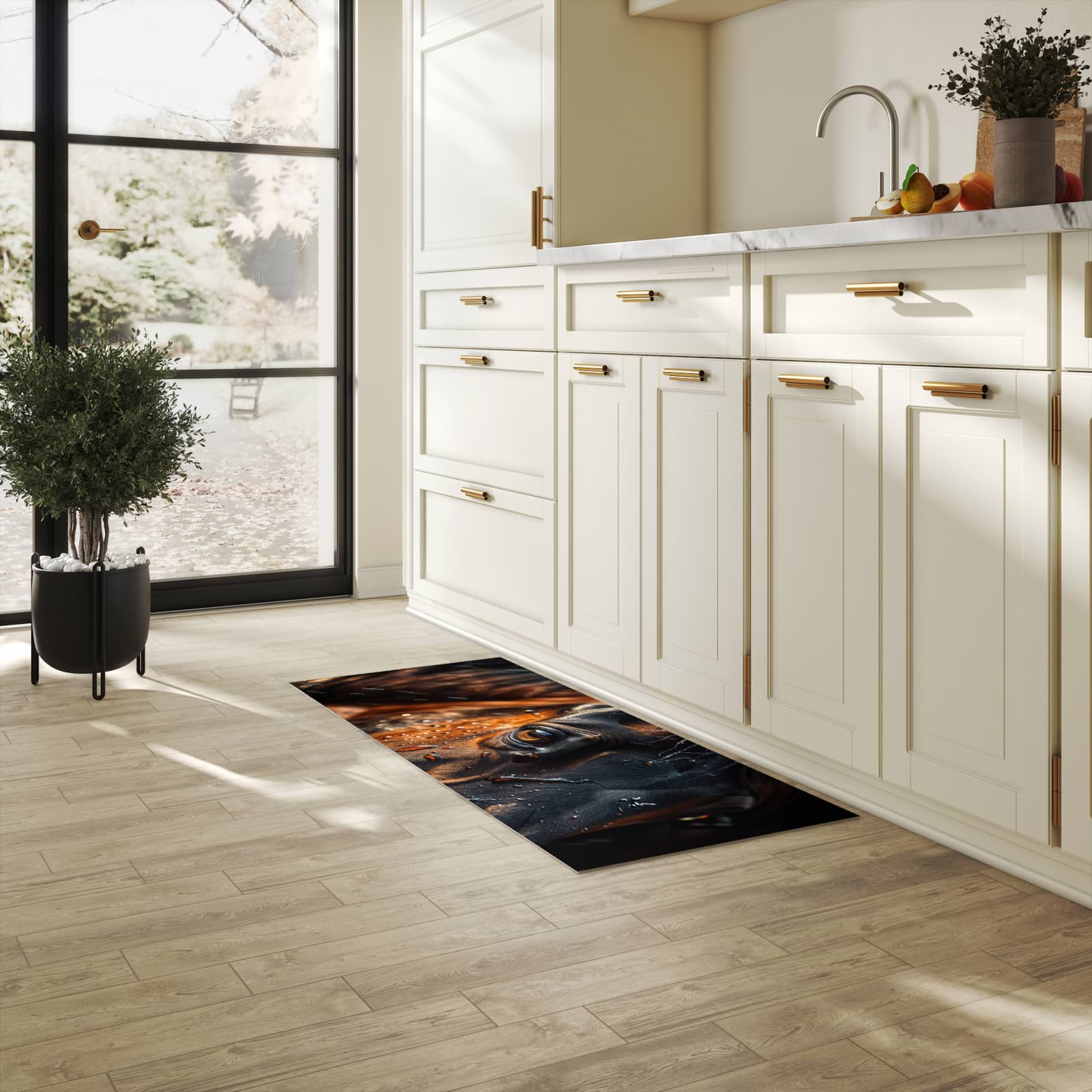 Fleckenresistenter langer Teppich mit Motiv Pferdeauge im Regen in heller Küche