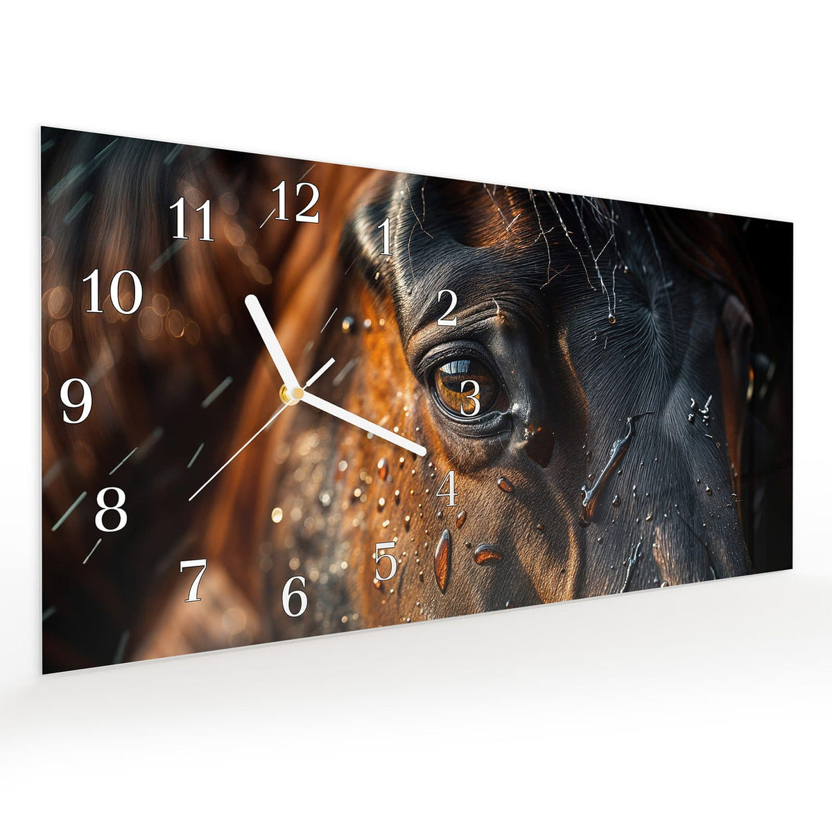 Vormontiert – mit Schwebeeffekt – Wanduhr Pferdeauge im Regen aus Glas – Querformat 60 × 30 cm