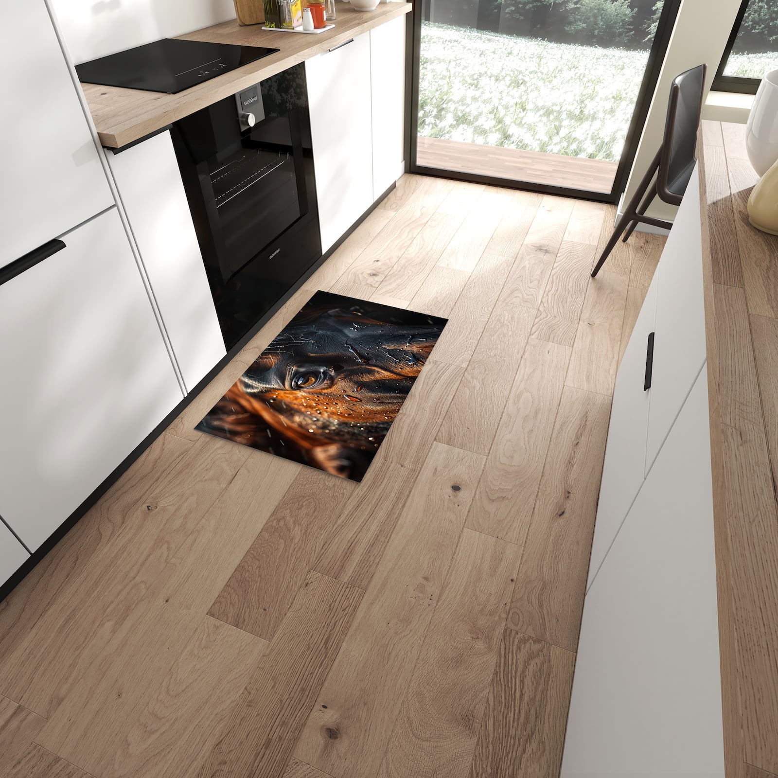 Langlebiger rutschfester Küchenteppich mit Motiv Pferdeauge im Regen in moderner Küche
