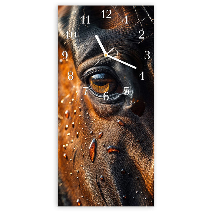 Wanduhr Pferdeauge im Regen aus Glas – Hochformat 30 × 60 cm mit Ziffernblatt Klassisch