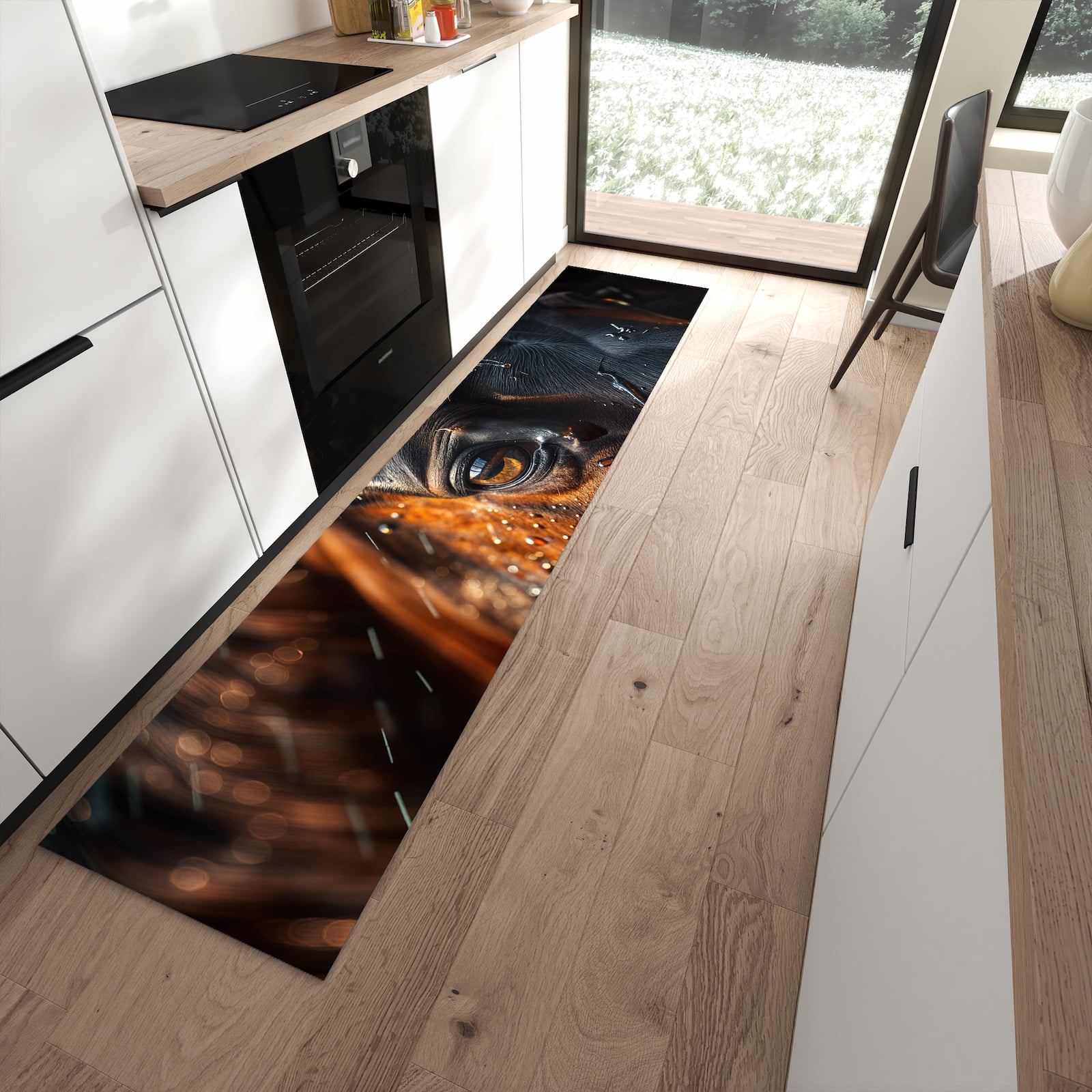 Strapazierfähiger waschbarer Küchenteppich mit Motiv Pferdeauge im Regen in moderner Küche