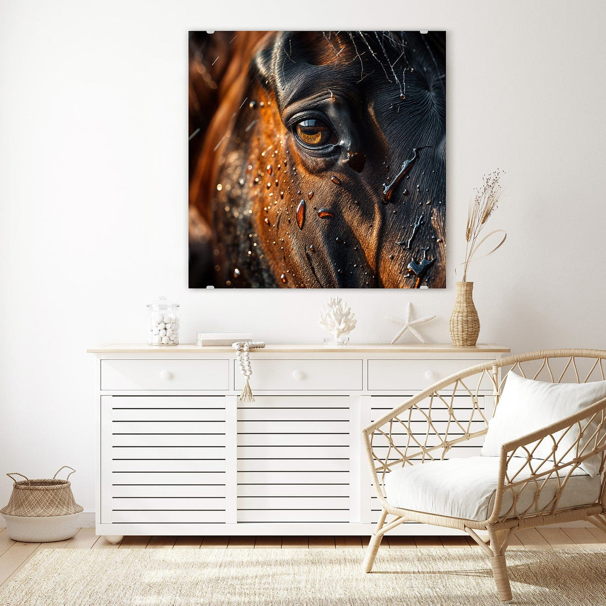 Glasbild Pferdeauge im Regen an der Wand – Makro eines braunen Pferdeauges, Fell und Wimpern voller Regentropfen