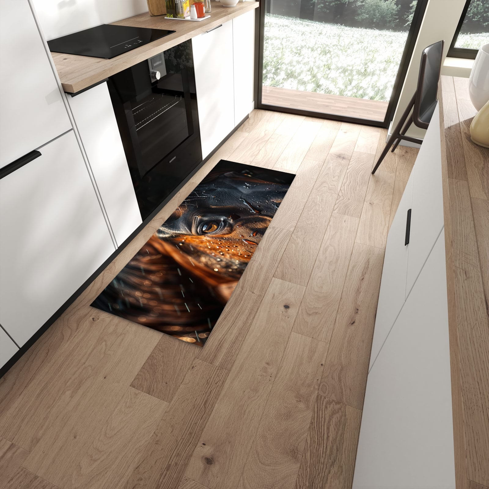 Rutschfester Küchenteppich mit Motiv Pferdeauge im Regen in moderner Küche - leicht zu reinigen #grösse_60 x 150 cm