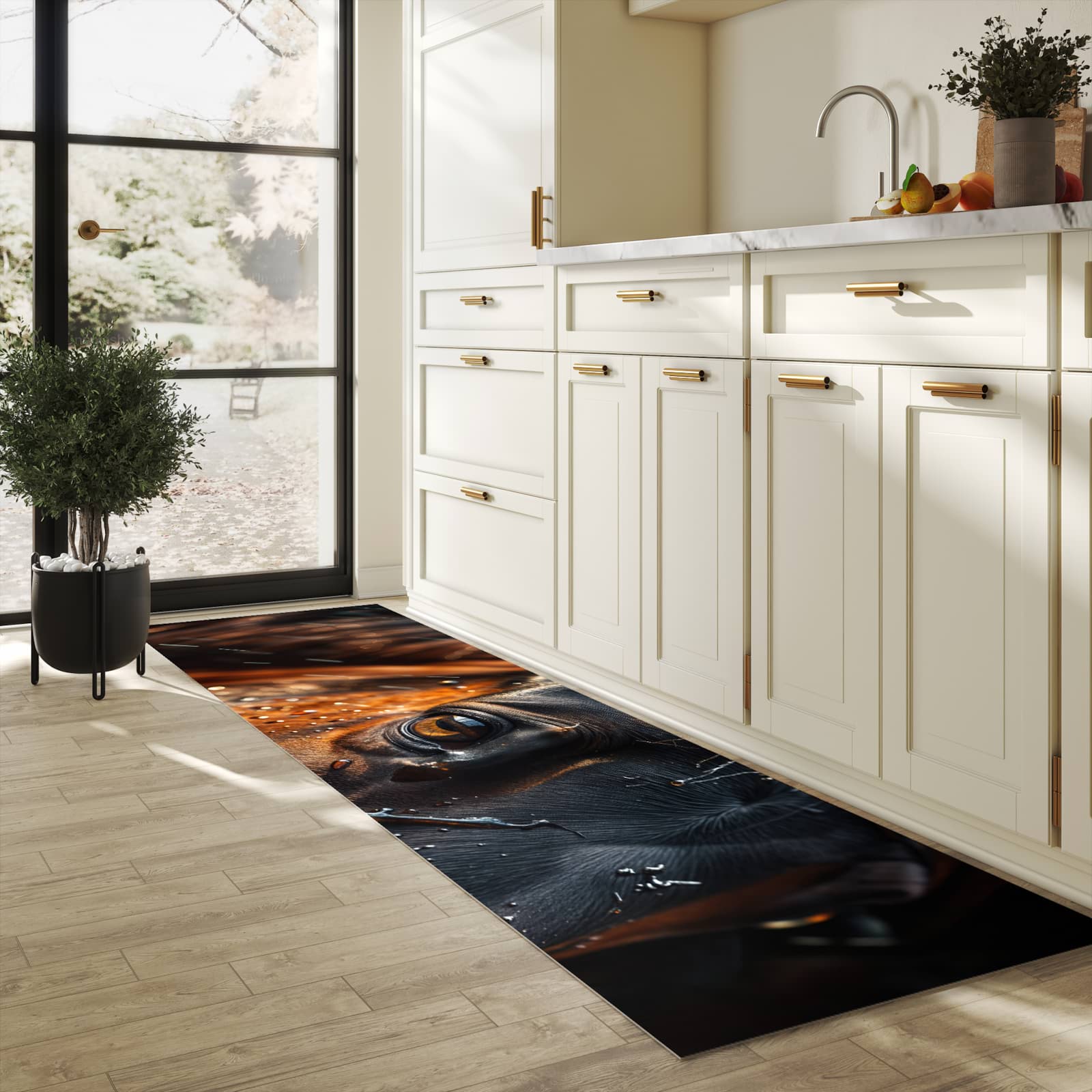 Bodenläufer mit Motiv Pferdeauge im Regen für angenehme Haptik in heller Küche