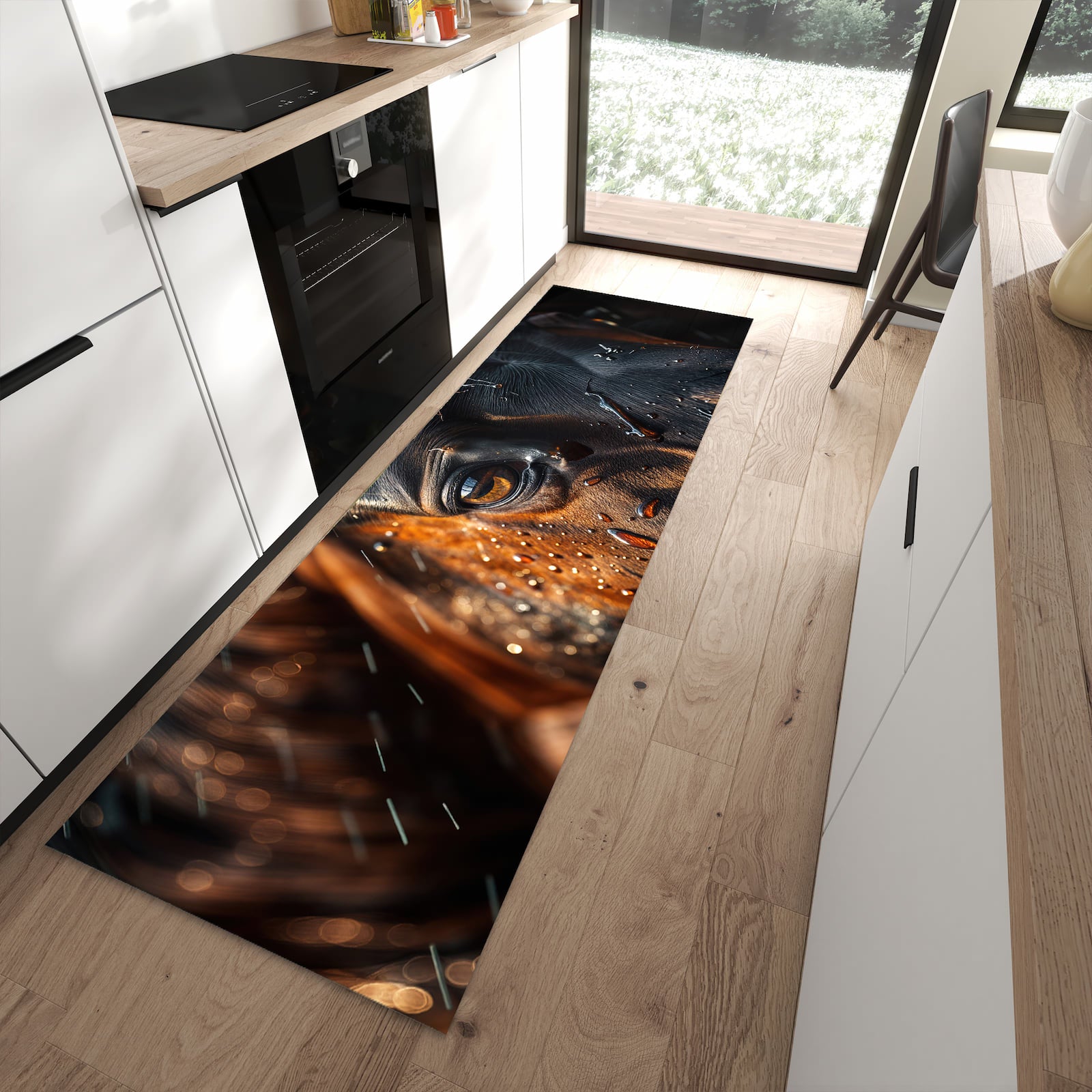 Feuchtigkeitsresistenter Küchenläufer mit Motiv Pferdeauge im Regen in moderner Küche