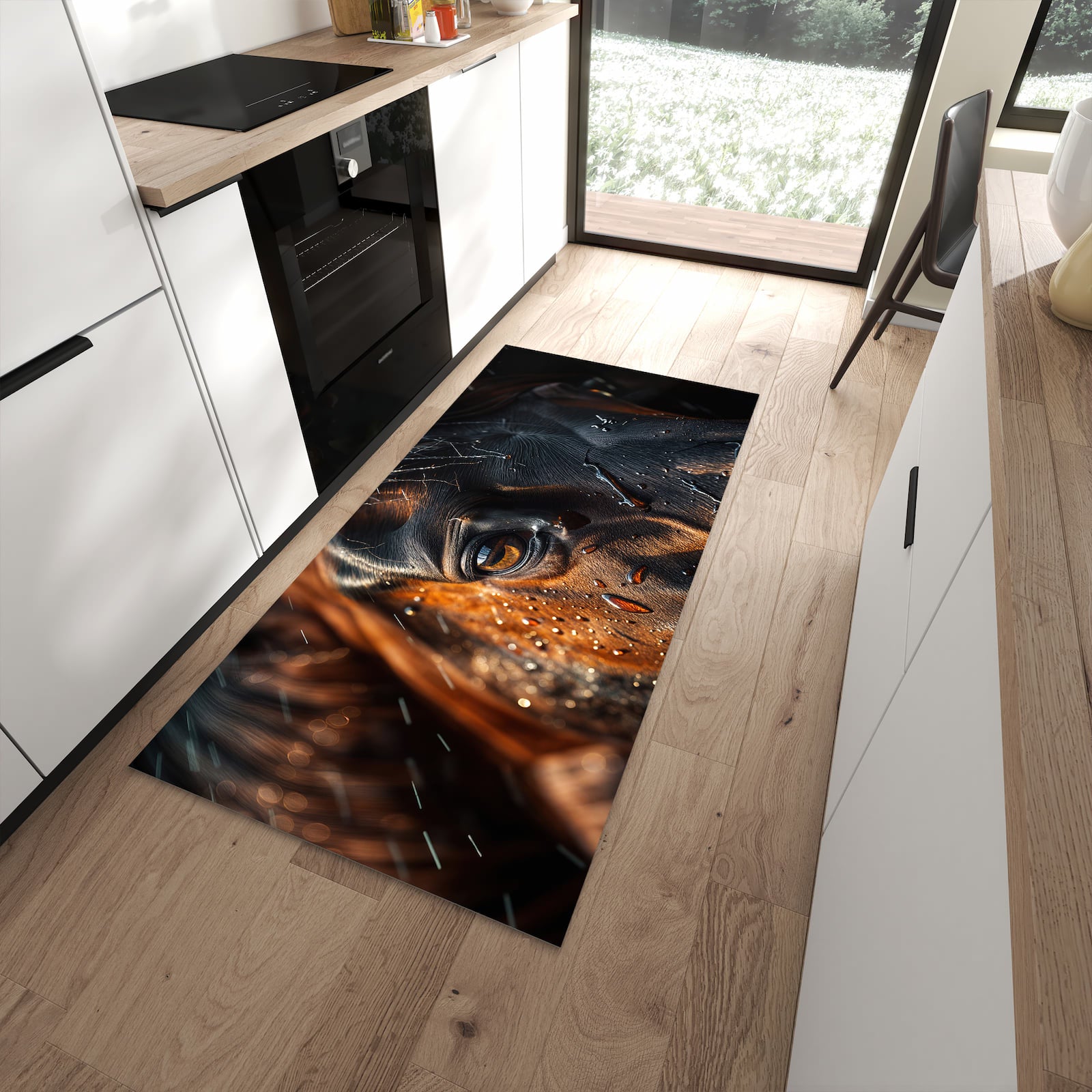 Bodenschonender Küchenläufer mit Motiv Pferdeauge im Regen in moderner Küche