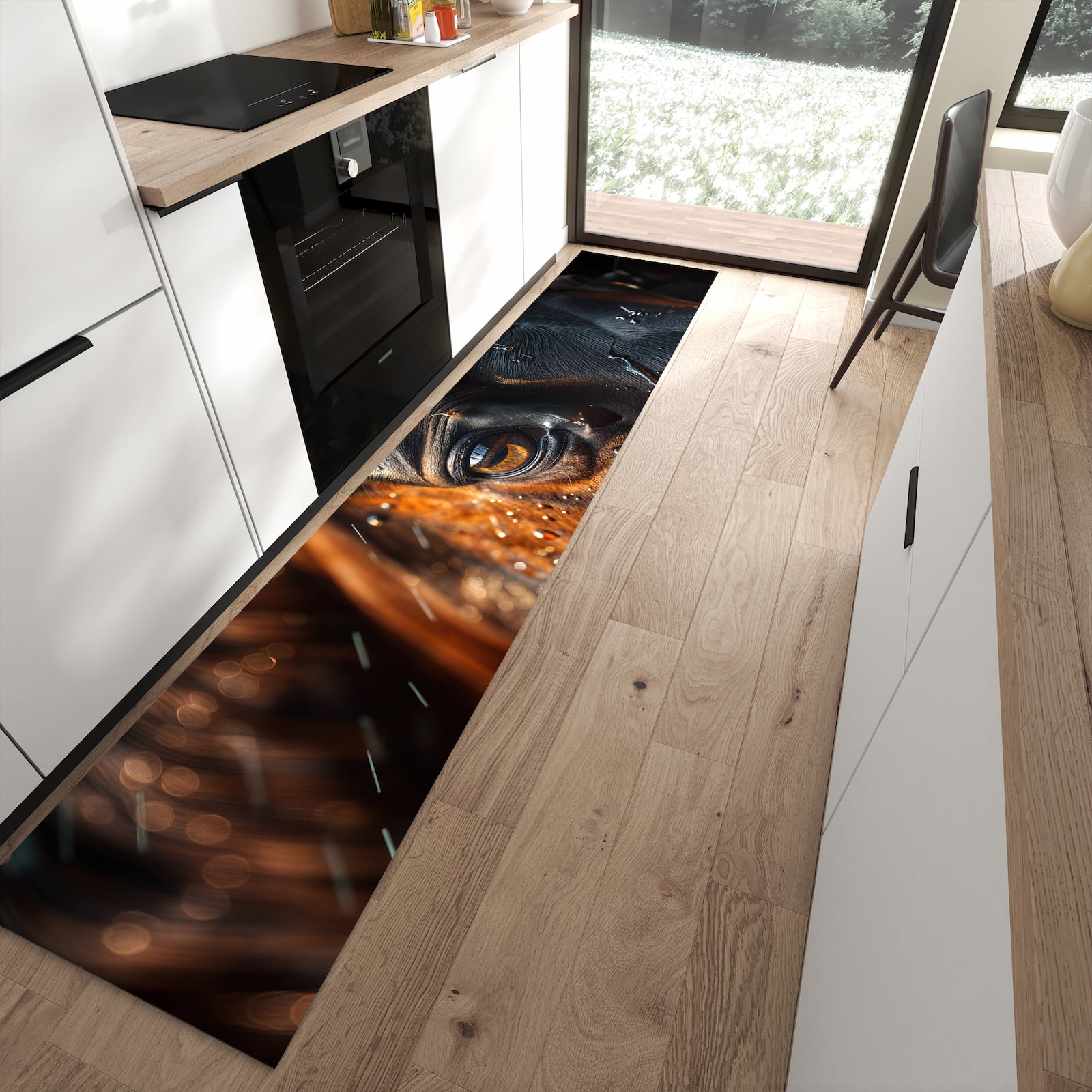 Waschbarer großer Küchenteppich mit Motiv Pferdeauge im Regen in moderner Küche