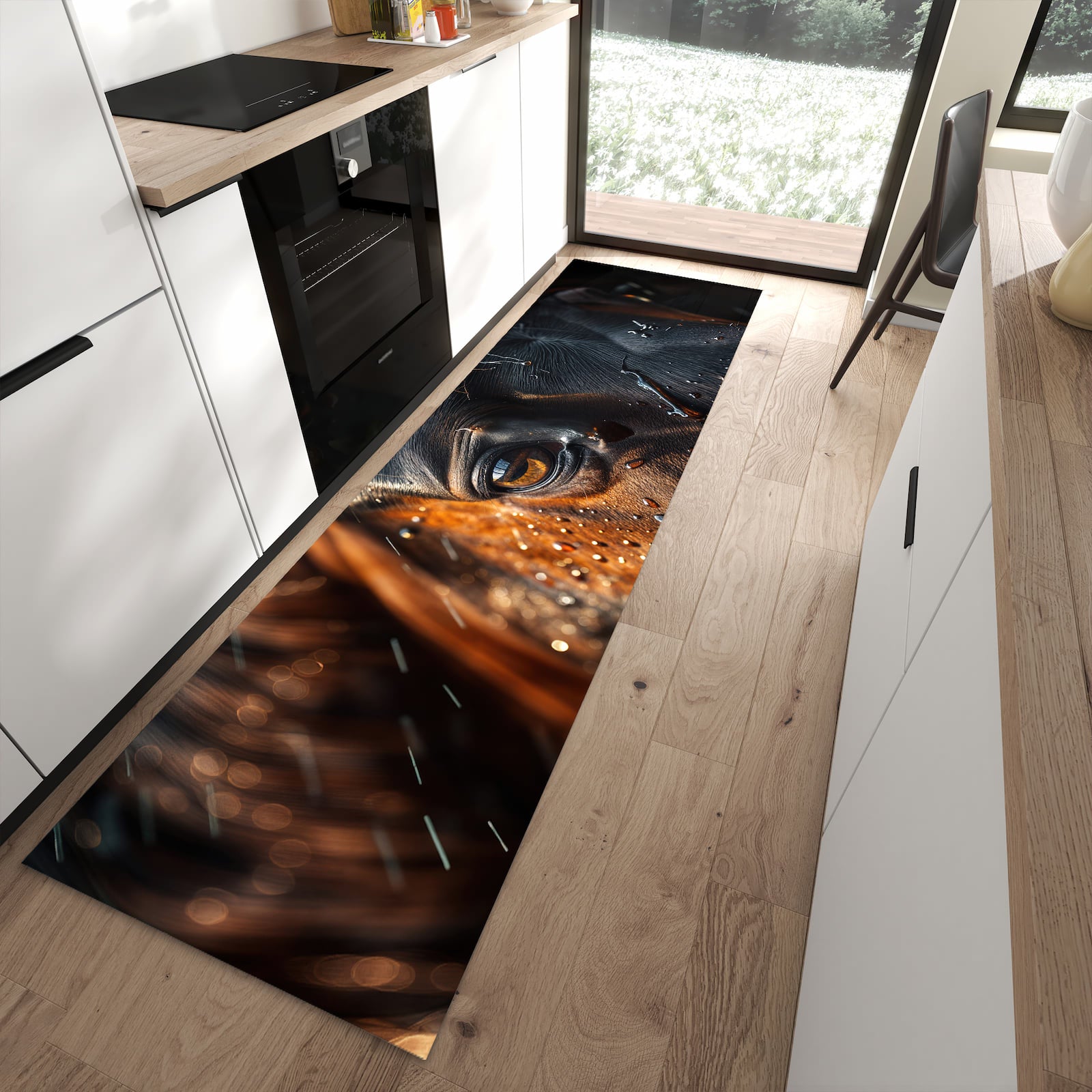 Bodenschonender Küchenläufer mit Motiv Pferdeauge im Regen in moderner Küche