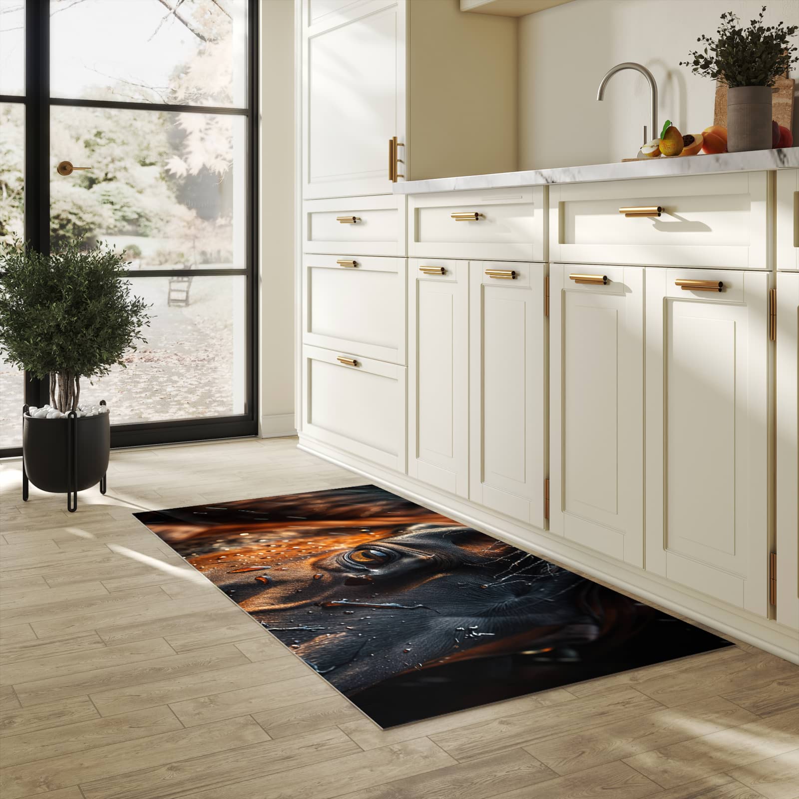 Hygienischer Bodenläufer Teppich mit Motiv Pferdeauge im Regen in heller Küche