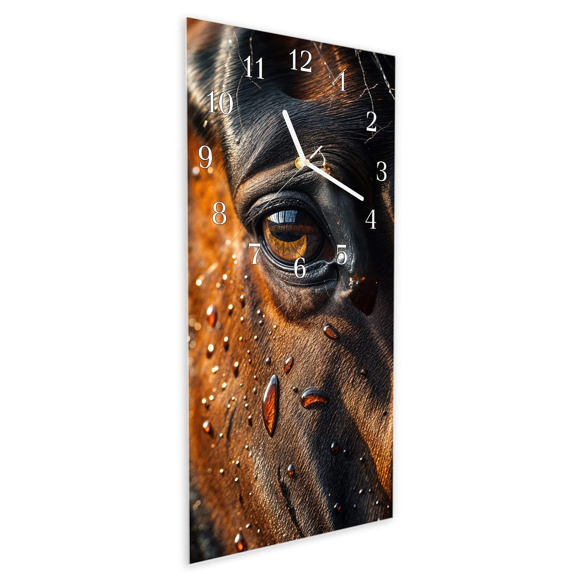 Vormontiert – mit Schwebeeffekt – Wanduhr Pferdeauge im Regen aus Glas – Hochformat 30 × 60 cm