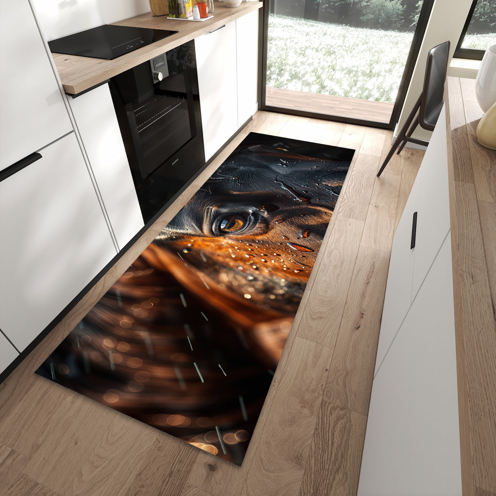 Farbbeständiger rutschfester Küchenläufer mit Motiv Pferdeauge im Regen in moderner Küche